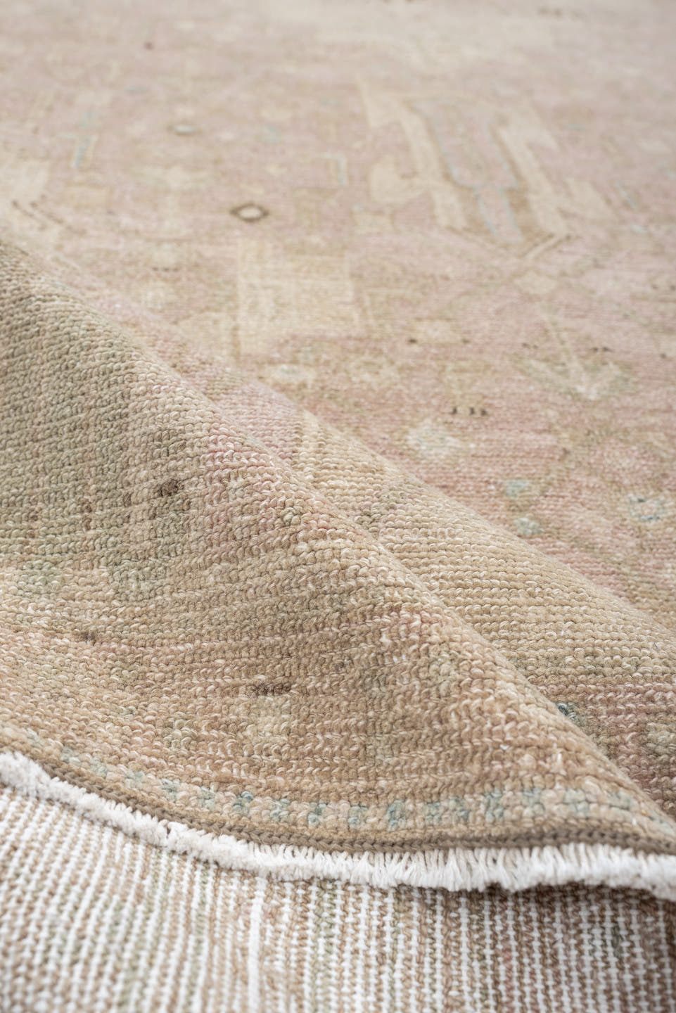 5' x 11' one-of-a-kind handmade vintage Malayer rug. Color palette: ivory, blush, taupe, camel, brown, pale blue, pink