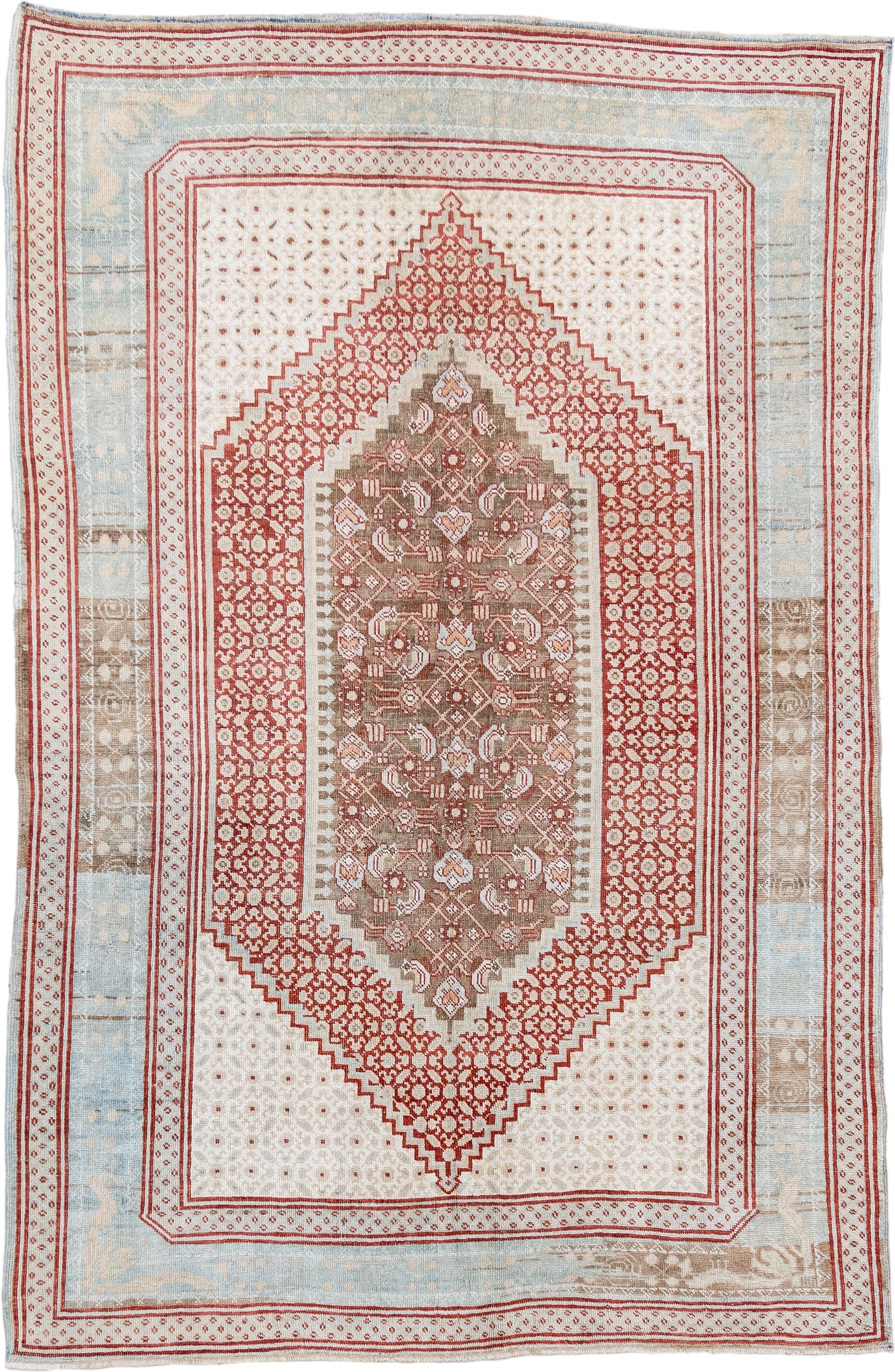 4' x 7' one-of-a-kind handmade vintage Sivas rug. Color palette: ivory, pale blue, rust, taupe, camel, light blue