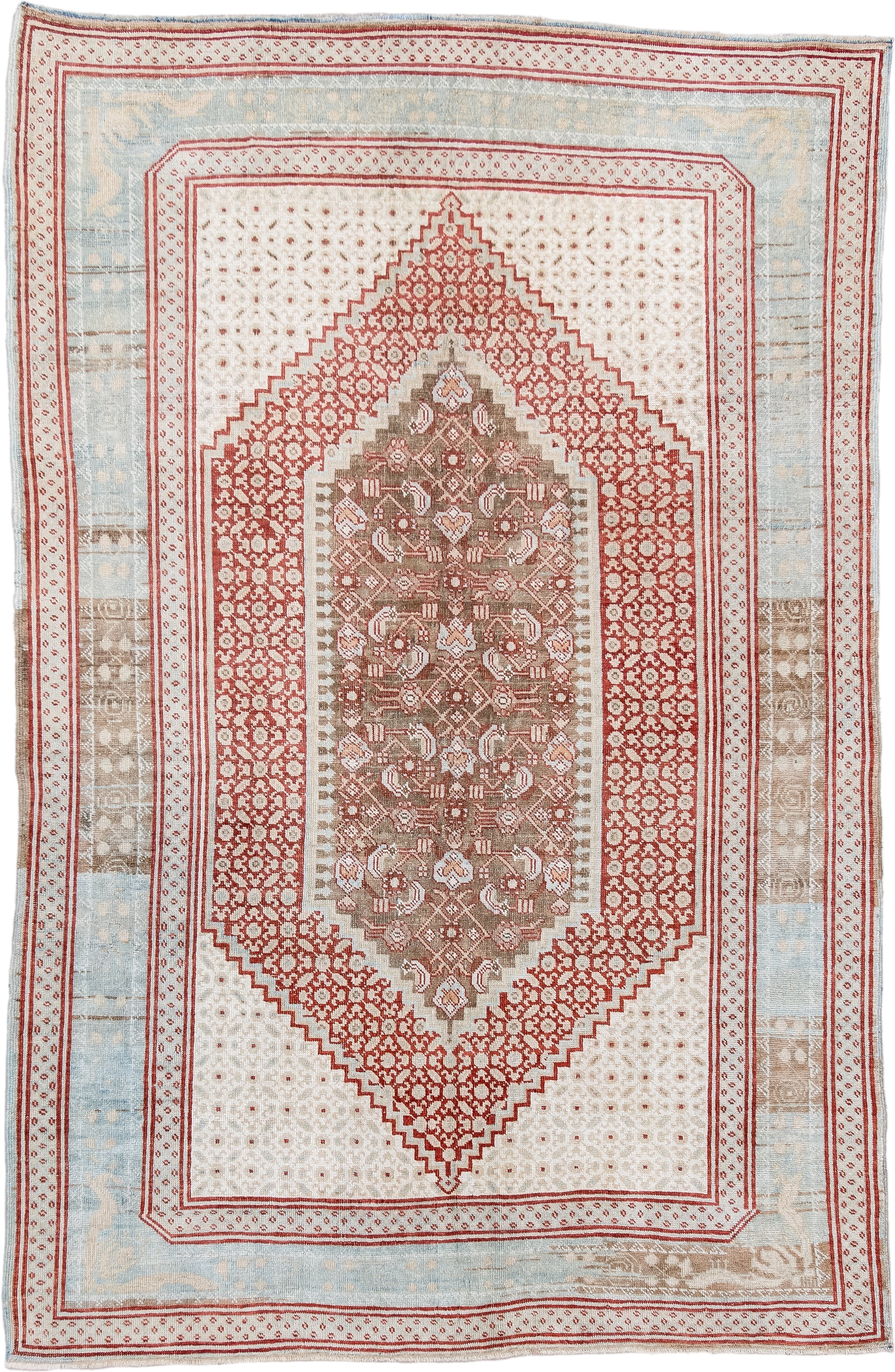 4' x 7' one-of-a-kind handmade vintage Sivas rug. Color palette: ivory, pale blue, rust, taupe, camel, light blue