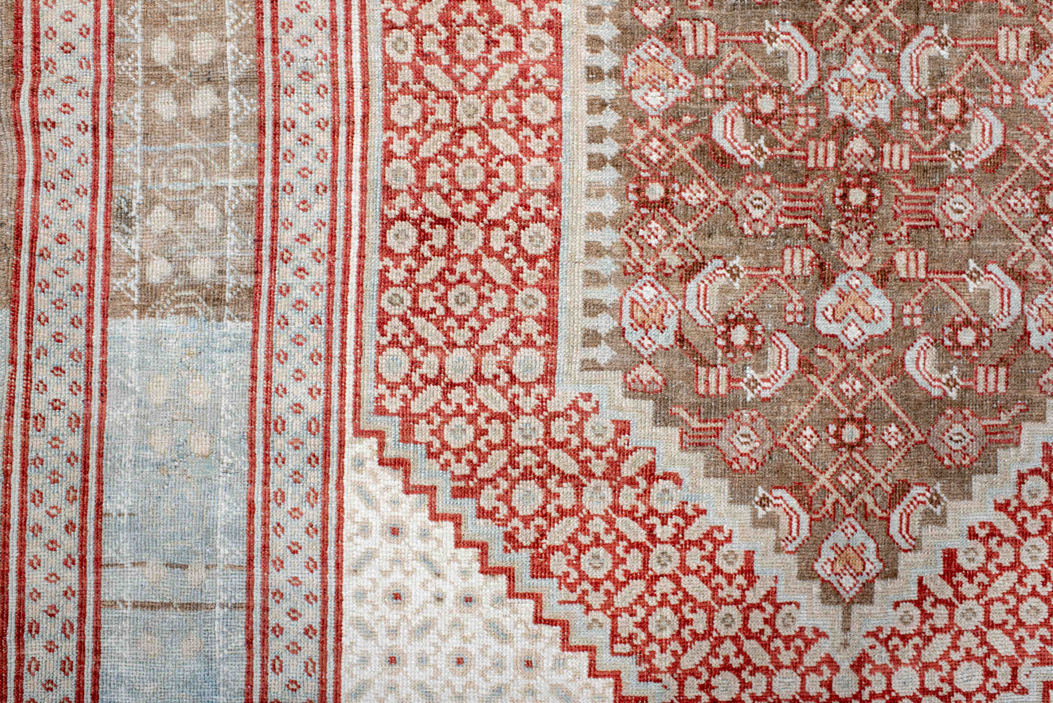 4' x 7' one-of-a-kind handmade vintage Sivas rug. Color palette: ivory, pale blue, rust, taupe, camel, light blue