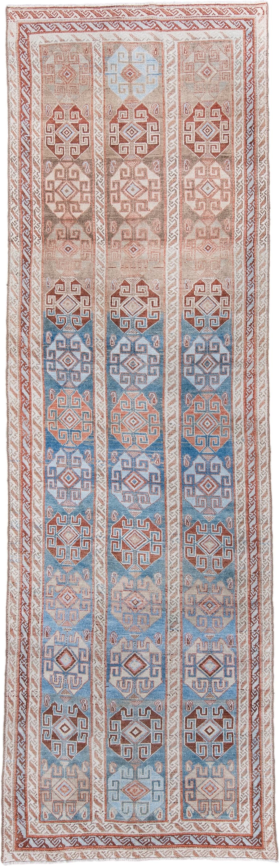 4' x 12' one-of-a-kind handmade antique NW Persian runner rug. Color palette: sky blue, ivory, terracotta, rust, camel