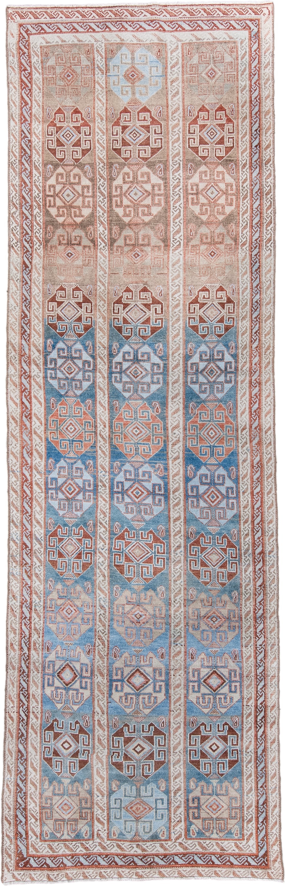4' x 12' one-of-a-kind handmade antique NW Persian runner rug. Color palette: sky blue, ivory, terracotta, rust, camel