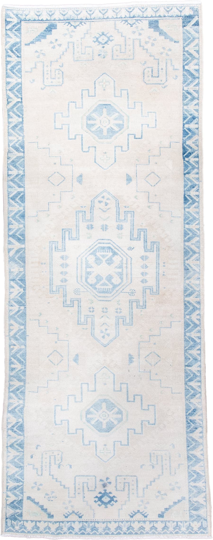 3' x 9' one-of-a-kind handmade antique Hamadan runner rug. Color palette: ivory, sky blue, pale blue, cream, taupe