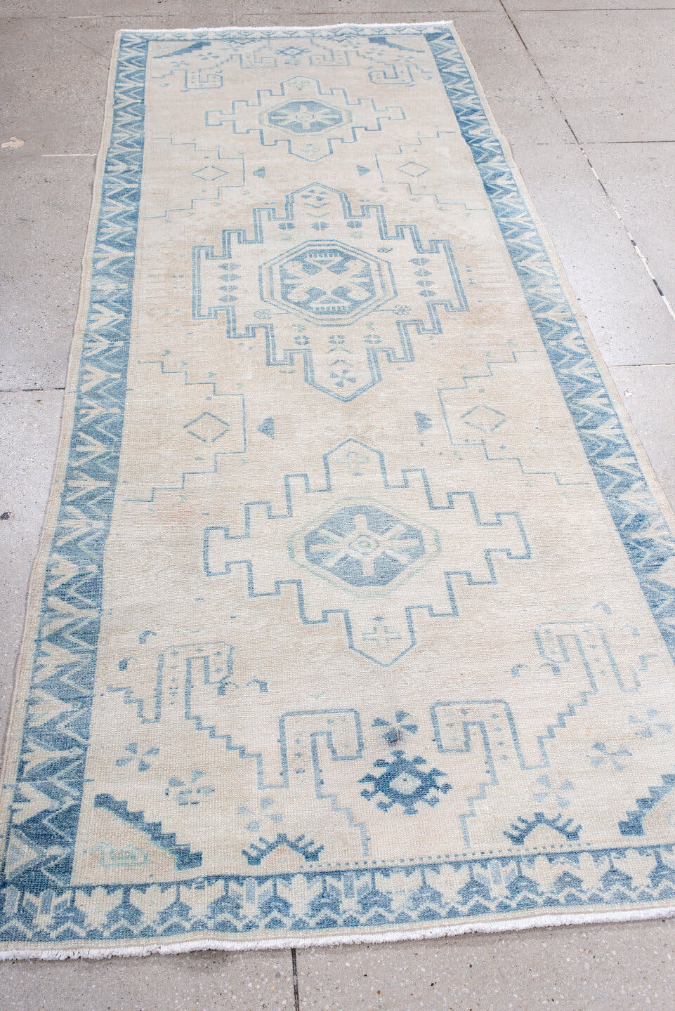 3' x 9' one-of-a-kind handmade antique Hamadan runner rug. Color palette: ivory, sky blue, pale blue, cream, taupe