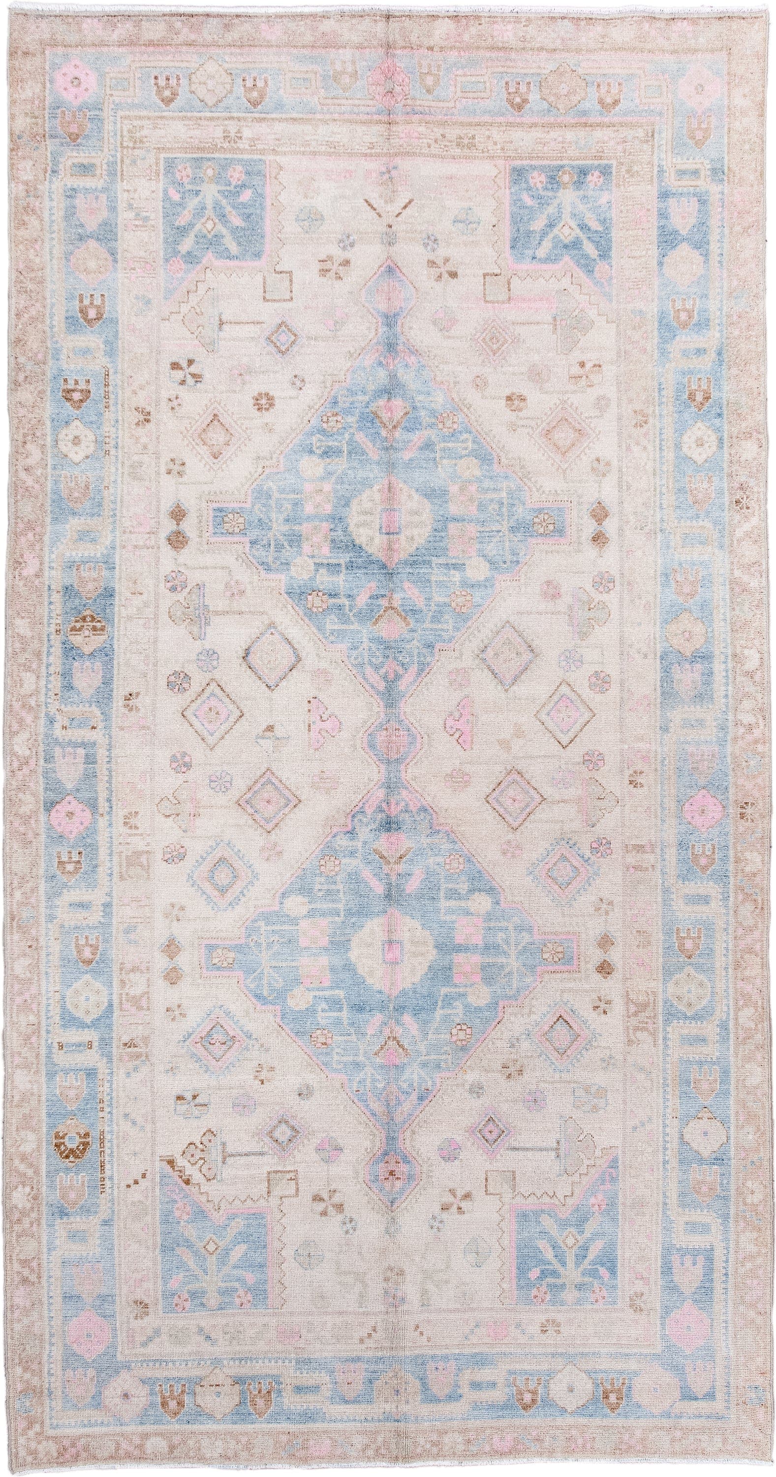 5' x 9' one-of-a-kind handmade antique Hamadan medium size rug. Color palette: ivory, powder_blue, blush, camel, taupe