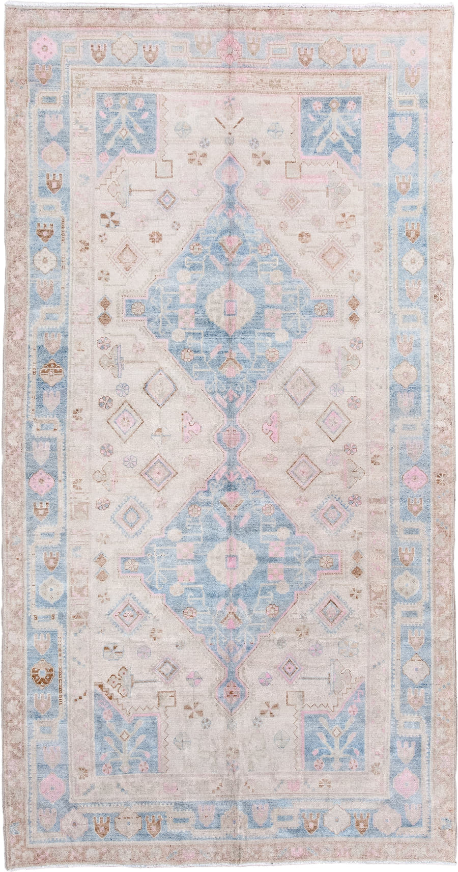 5' x 9' one-of-a-kind handmade antique Hamadan medium size rug. Color palette: ivory, powder_blue, blush, camel, taupe