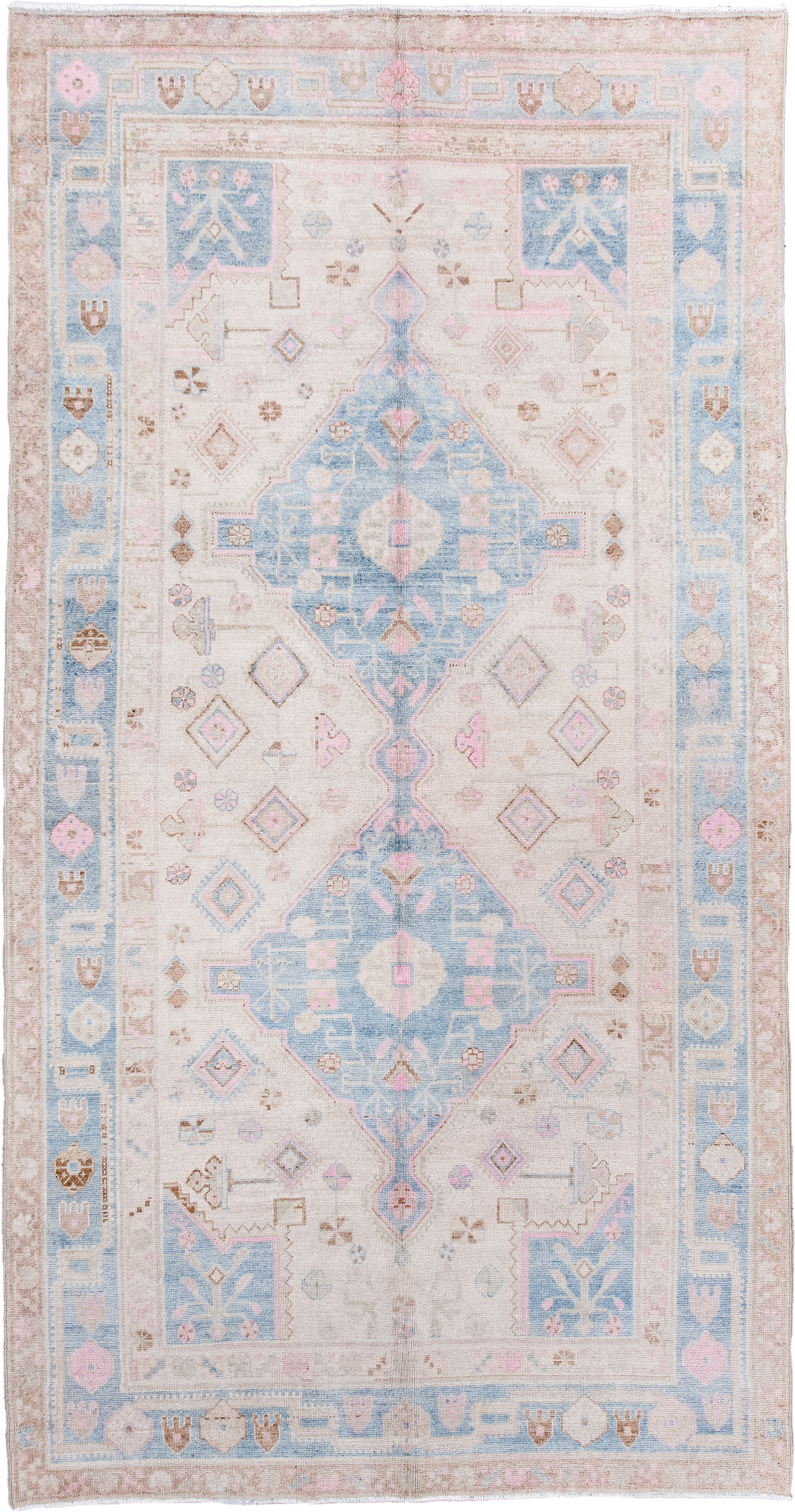 5' x 9' one-of-a-kind handmade antique Hamadan medium size rug. Color palette: ivory, powder_blue, blush, camel, taupe