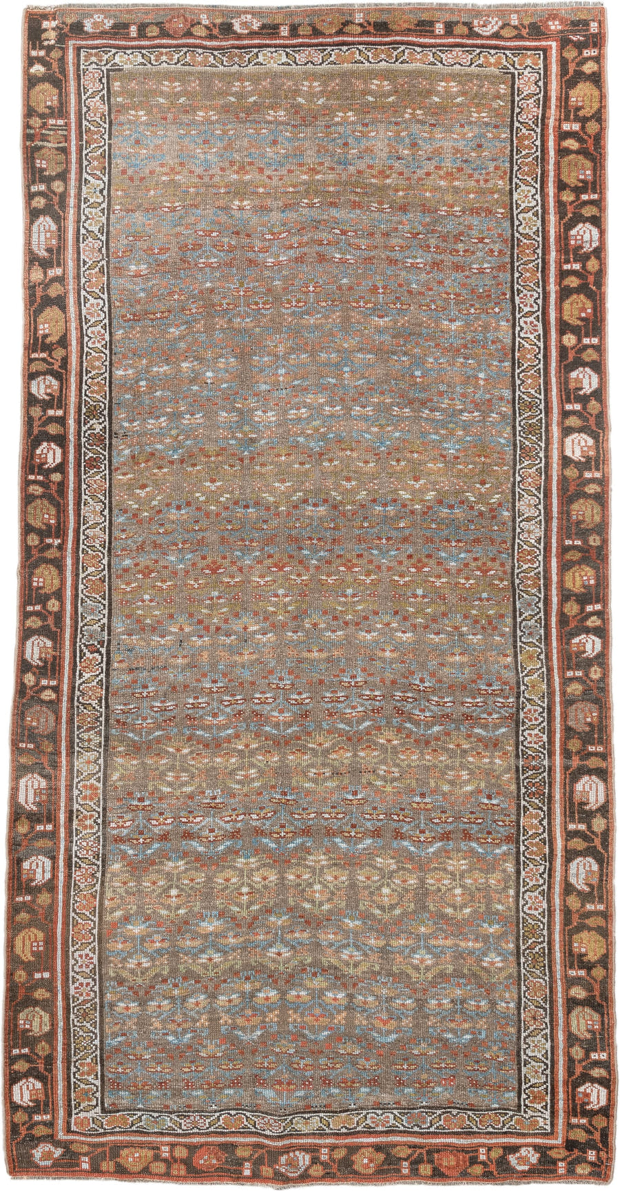 4' x 8' one-of-a-kind handmade antique NW Persian runner rug. Color palette: camel, rust, sky blue, ivory, brown, taupe