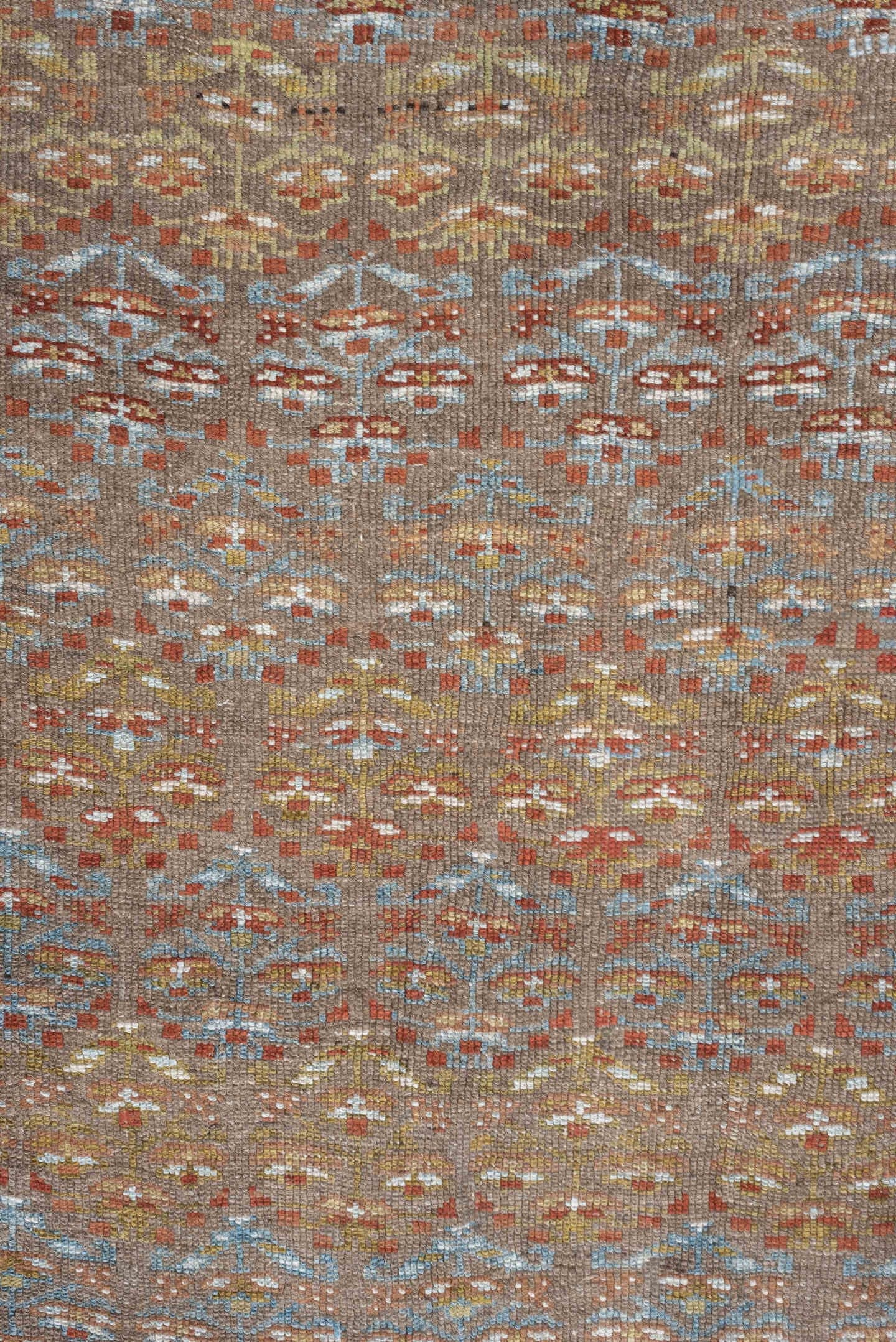 4' x 8' one-of-a-kind handmade antique NW Persian runner rug. Color palette: camel, rust, sky blue, ivory, brown, taupe