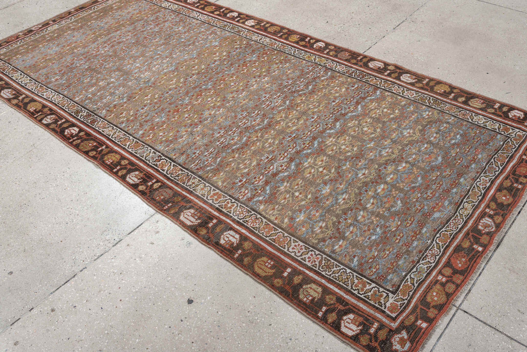 4' x 8' one-of-a-kind handmade antique NW Persian runner rug. Color palette: camel, rust, sky blue, ivory, brown, taupe