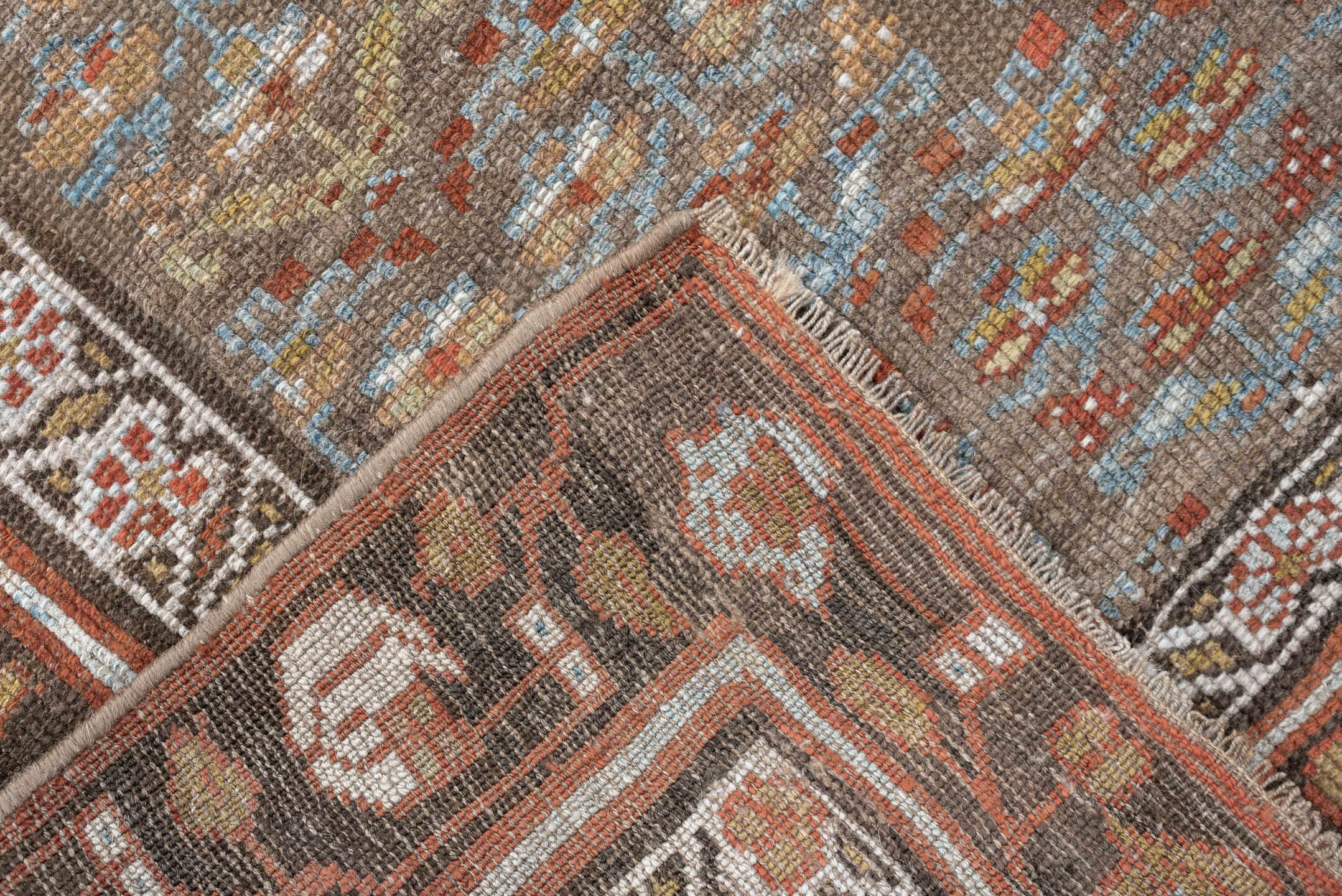 4' x 8' one-of-a-kind handmade antique NW Persian runner rug. Color palette: camel, rust, sky blue, ivory, brown, taupe