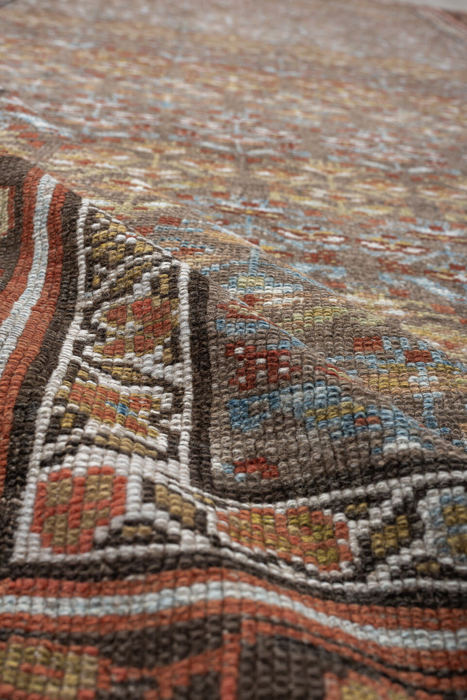 4' x 8' one-of-a-kind handmade antique NW Persian runner rug. Color palette: camel, rust, sky blue, ivory, brown, taupe