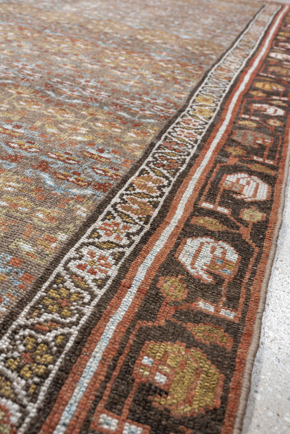 4' x 8' one-of-a-kind handmade antique NW Persian runner rug. Color palette: camel, rust, sky blue, ivory, brown, taupe