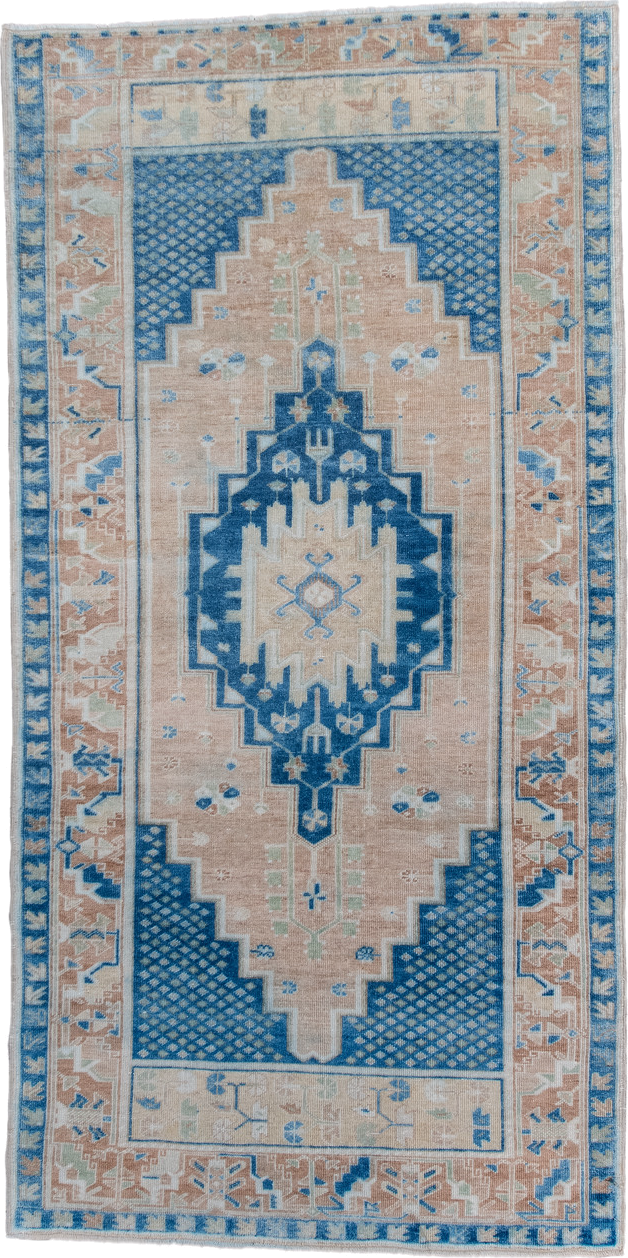 4' x 7' one-of-a-kind handmade antique Anatolian rug. Color palette: sky blue, blush, ivory, peach, pale aqua, light blue