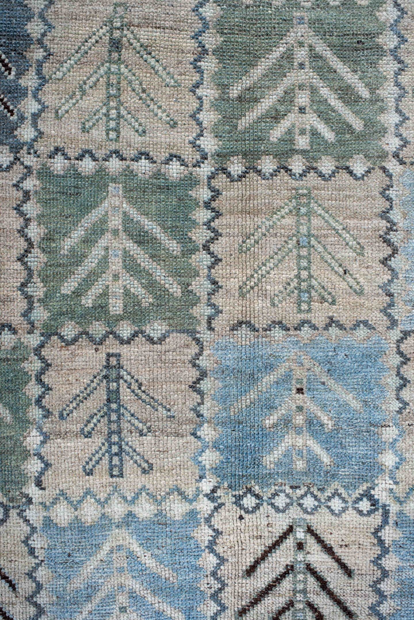 4' x 7' one-of-a-kind handmade antique Gabbe rug. Color palette: ivory, sky blue, sage, charcoal, taupe, slate, light blue