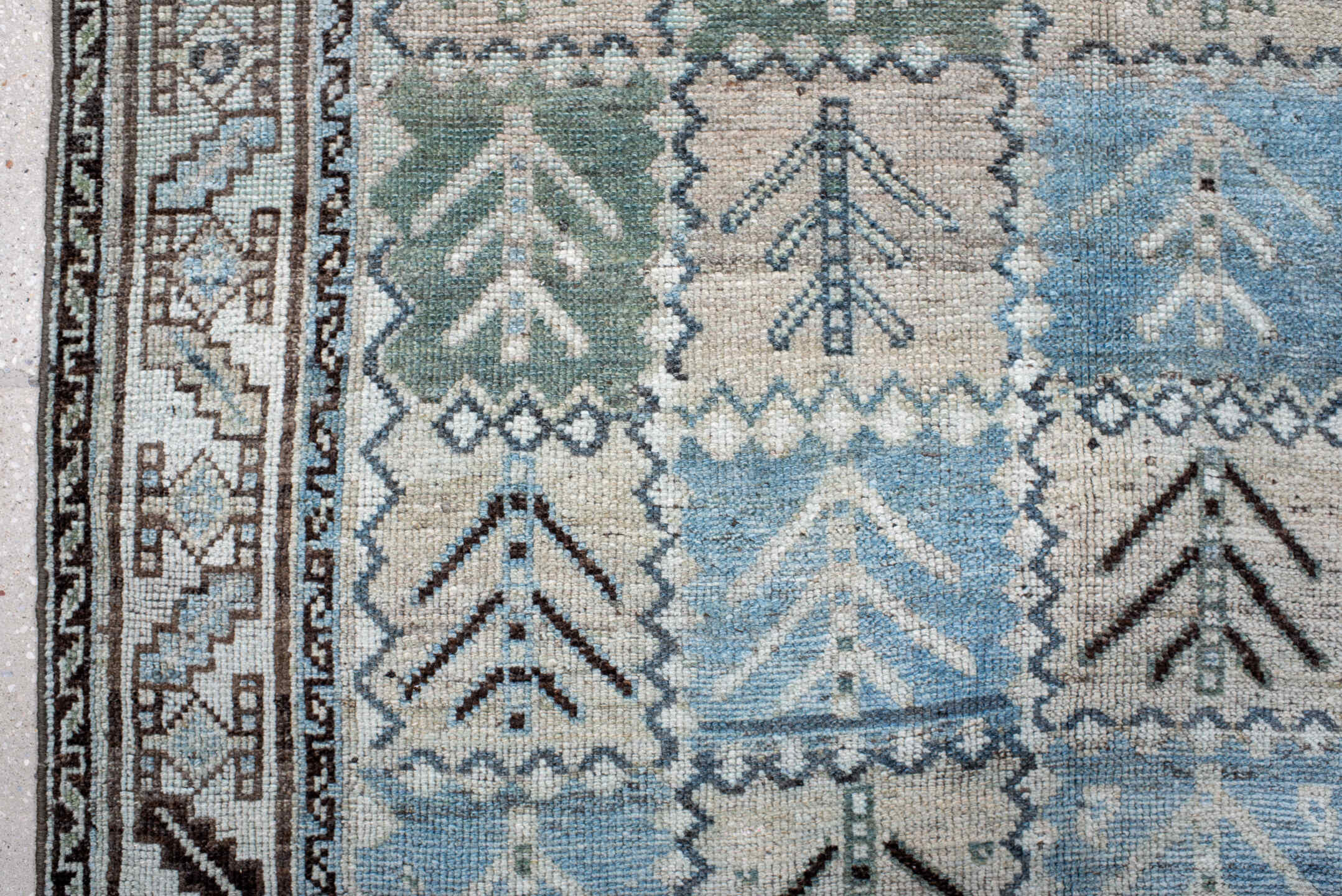 4' x 7' one-of-a-kind handmade antique Gabbe rug. Color palette: ivory, sky blue, sage, charcoal, taupe, slate, light blue