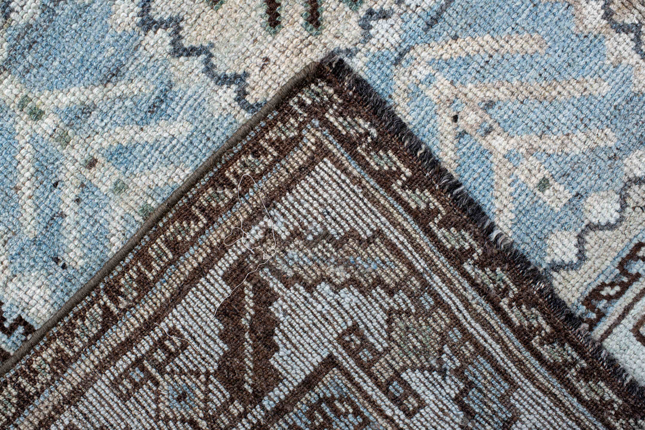 4' x 7' one-of-a-kind handmade antique Gabbe rug. Color palette: ivory, sky blue, sage, charcoal, taupe, slate, light blue