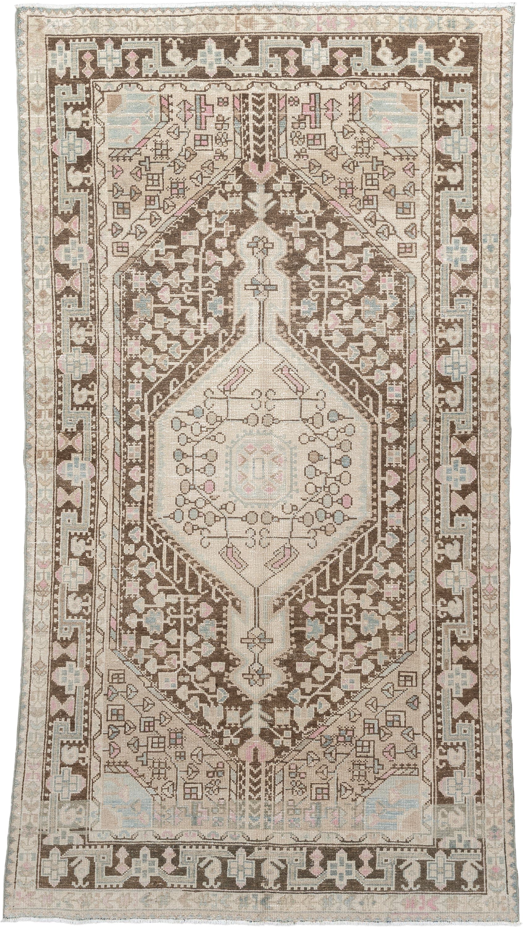 4' x 8' one-of-a-kind handmade vintage Hamadan rug. Color palette: ivory, chocolate_brown, pale_blue, blush, taupe