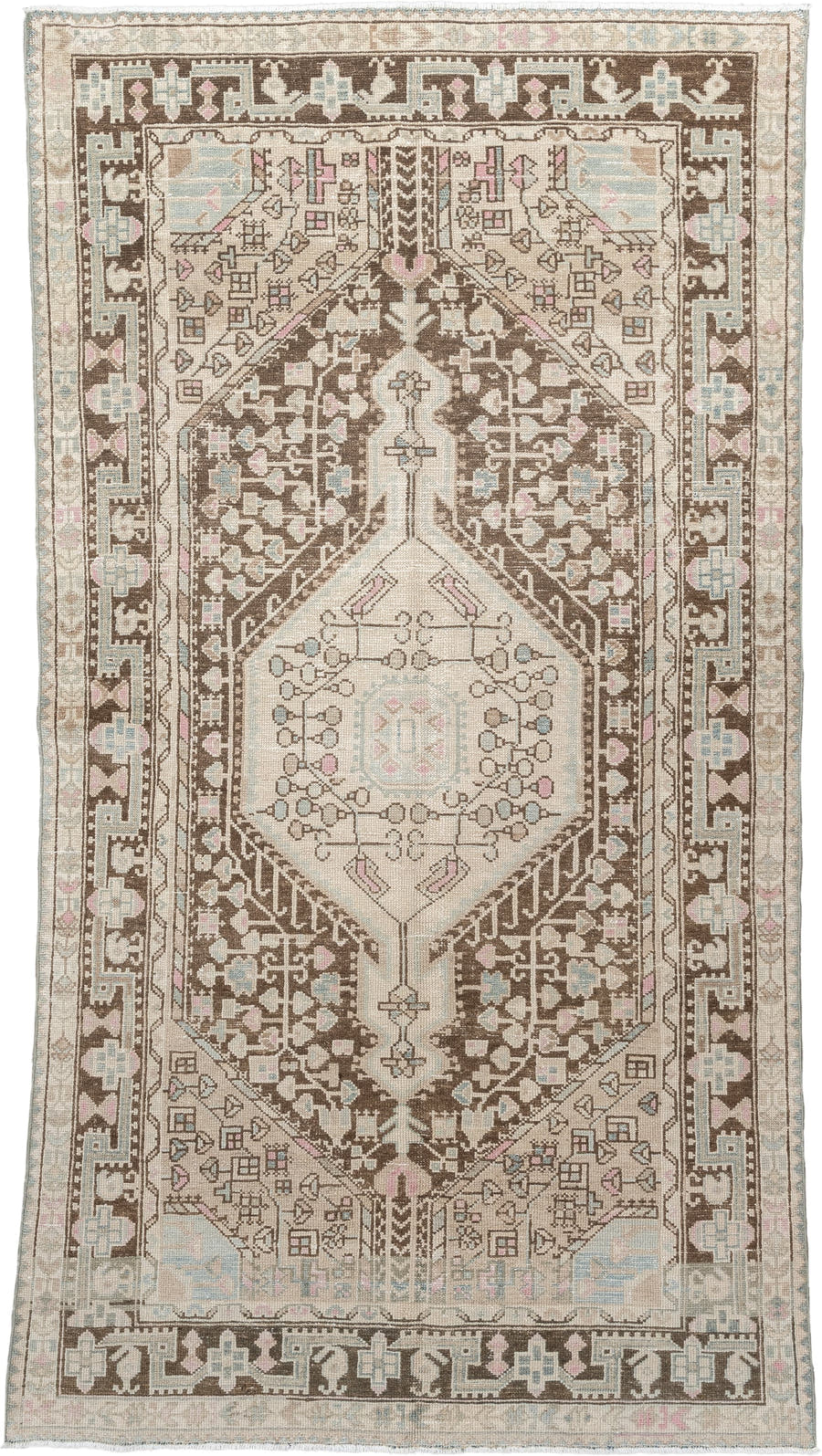 4' x 8' one-of-a-kind handmade vintage Hamadan rug. Color palette: ivory, chocolate_brown, pale_blue, blush, taupe