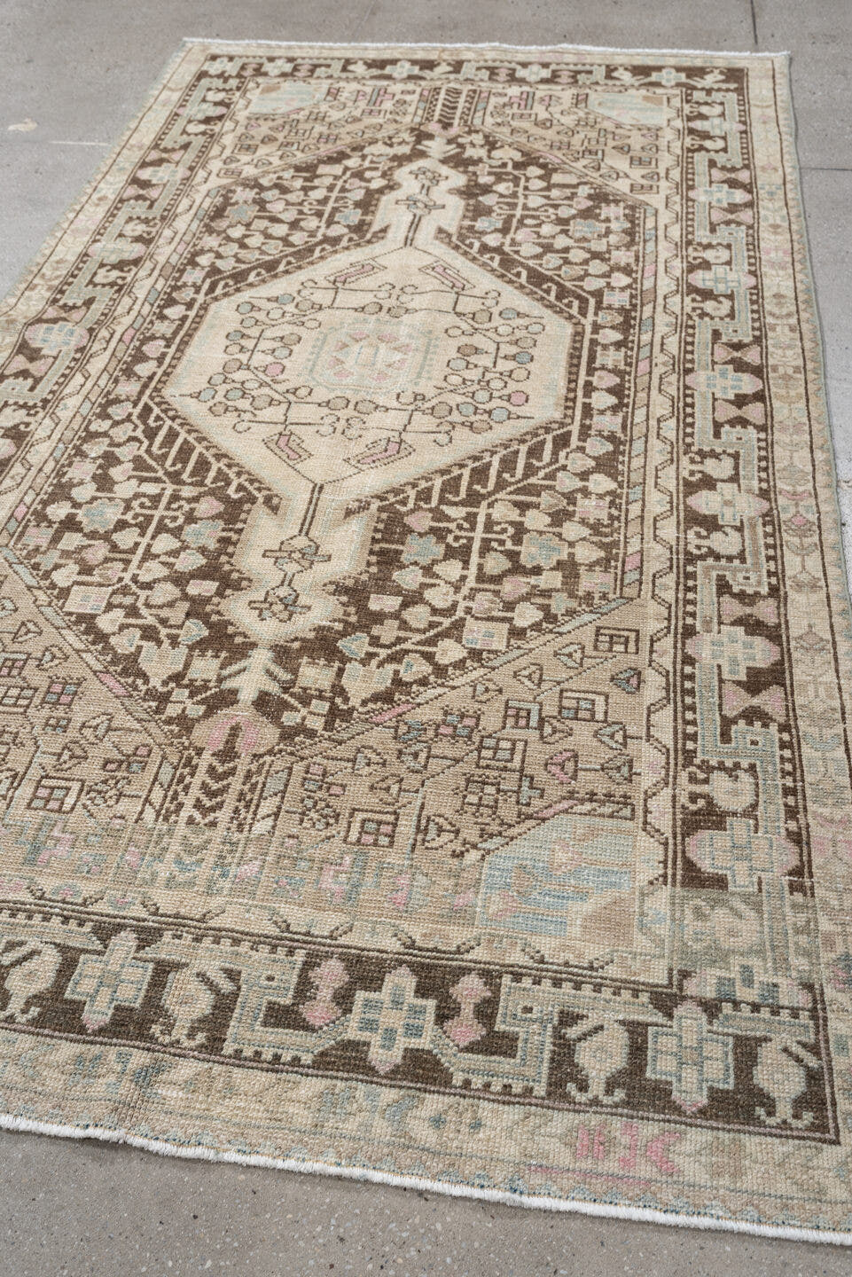 4' x 8' one-of-a-kind handmade vintage Hamadan rug. Color palette: ivory, chocolate_brown, pale_blue, blush, taupe