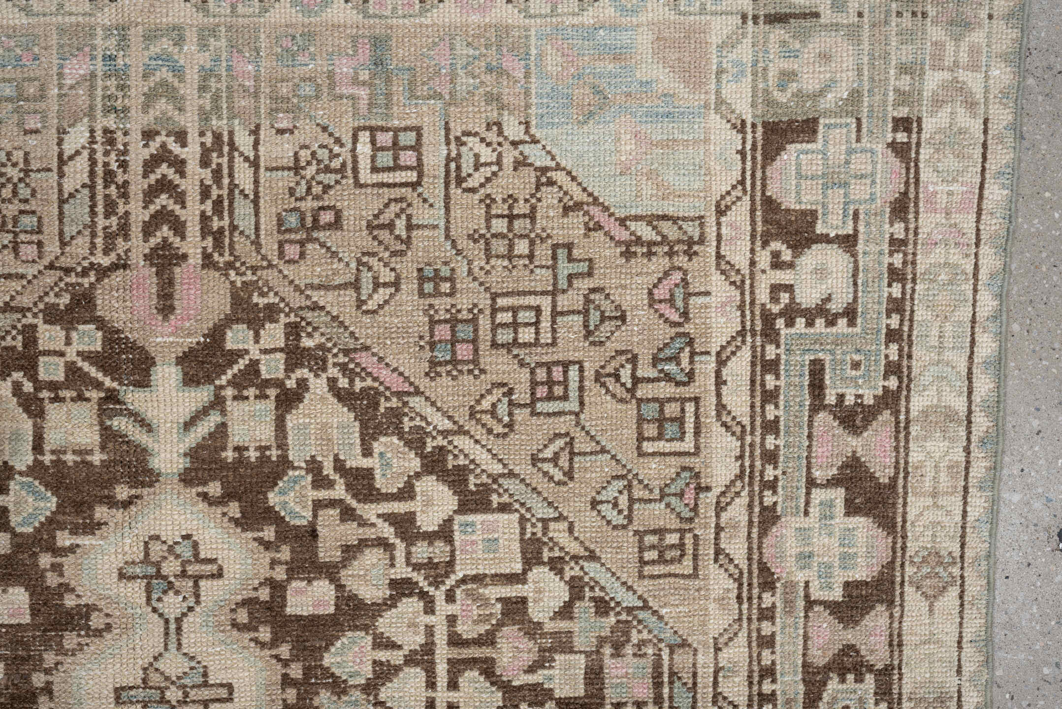 4' x 8' one-of-a-kind handmade vintage Hamadan rug. Color palette: ivory, chocolate_brown, pale_blue, blush, taupe