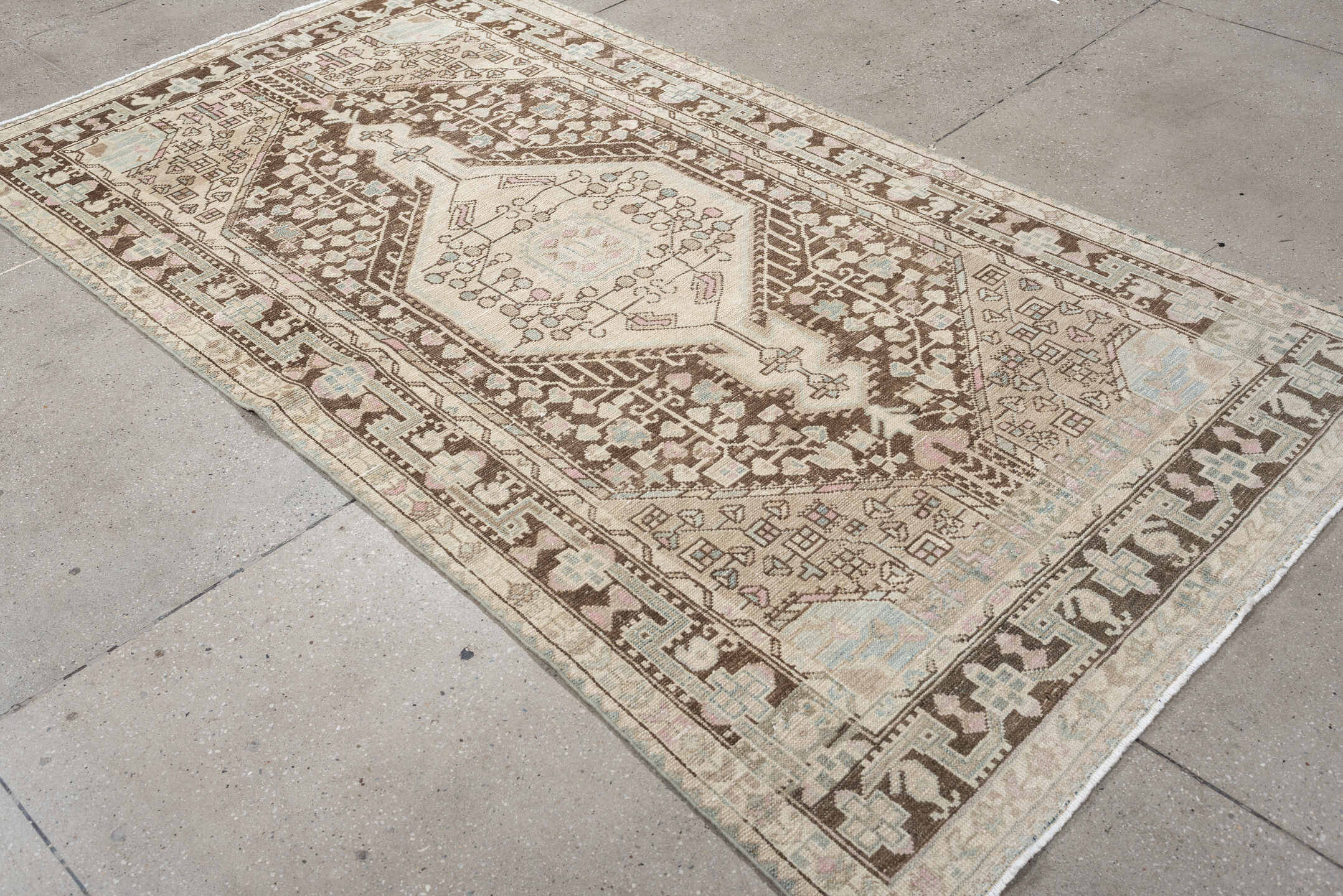 4' x 8' one-of-a-kind handmade vintage Hamadan rug. Color palette: ivory, chocolate_brown, pale_blue, blush, taupe