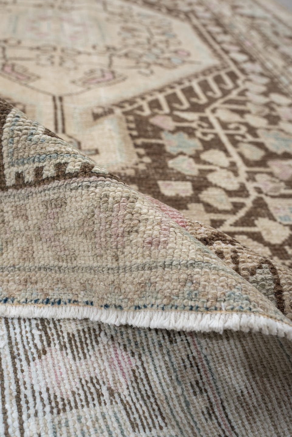 4' x 8' one-of-a-kind handmade vintage Hamadan rug. Color palette: ivory, chocolate_brown, pale_blue, blush, taupe