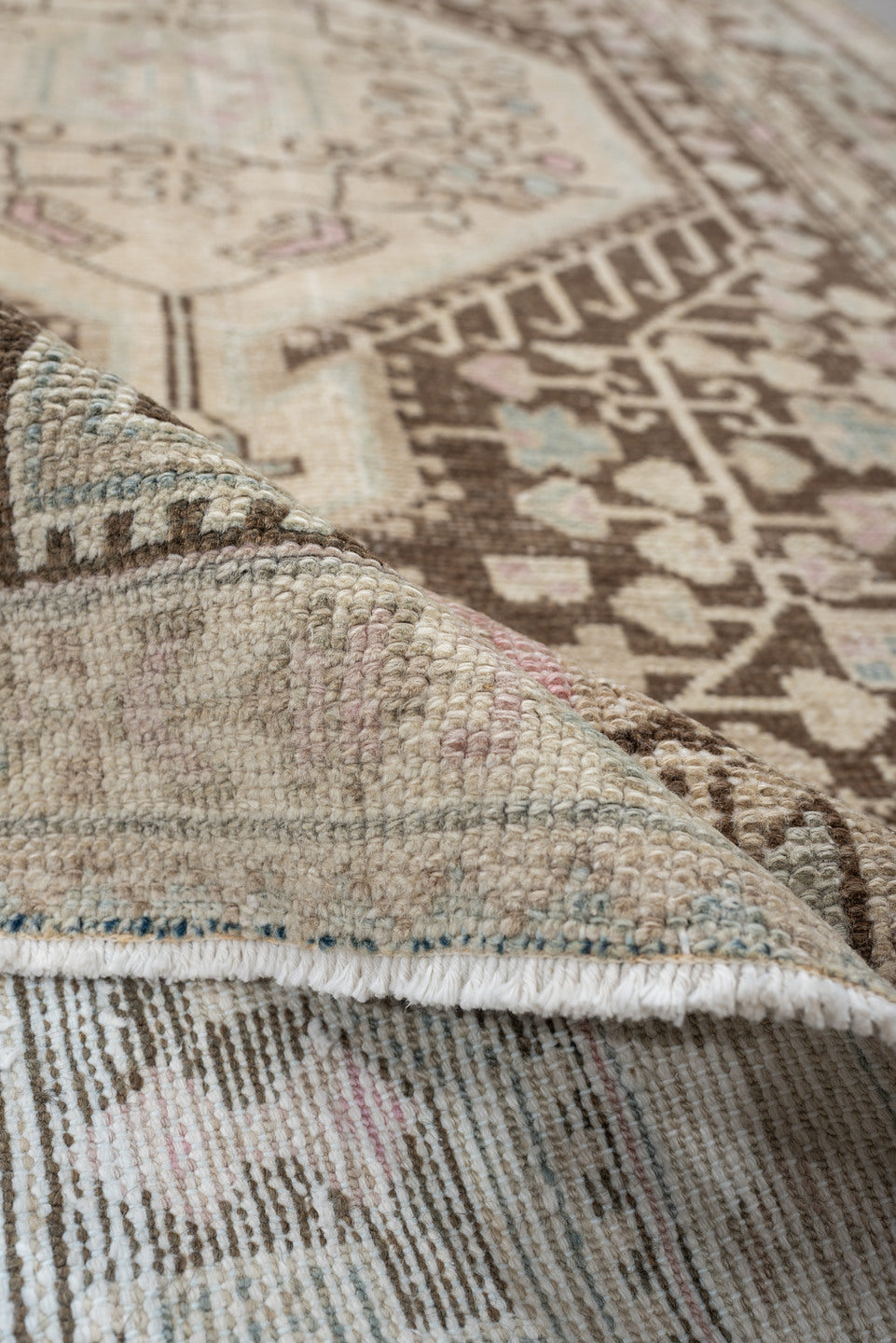 4' x 8' one-of-a-kind handmade vintage Hamadan rug. Color palette: ivory, chocolate_brown, pale_blue, blush, taupe