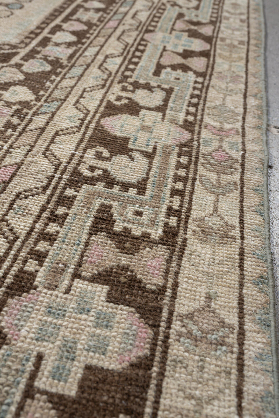 4' x 8' one-of-a-kind handmade vintage Hamadan rug. Color palette: ivory, chocolate_brown, pale_blue, blush, taupe