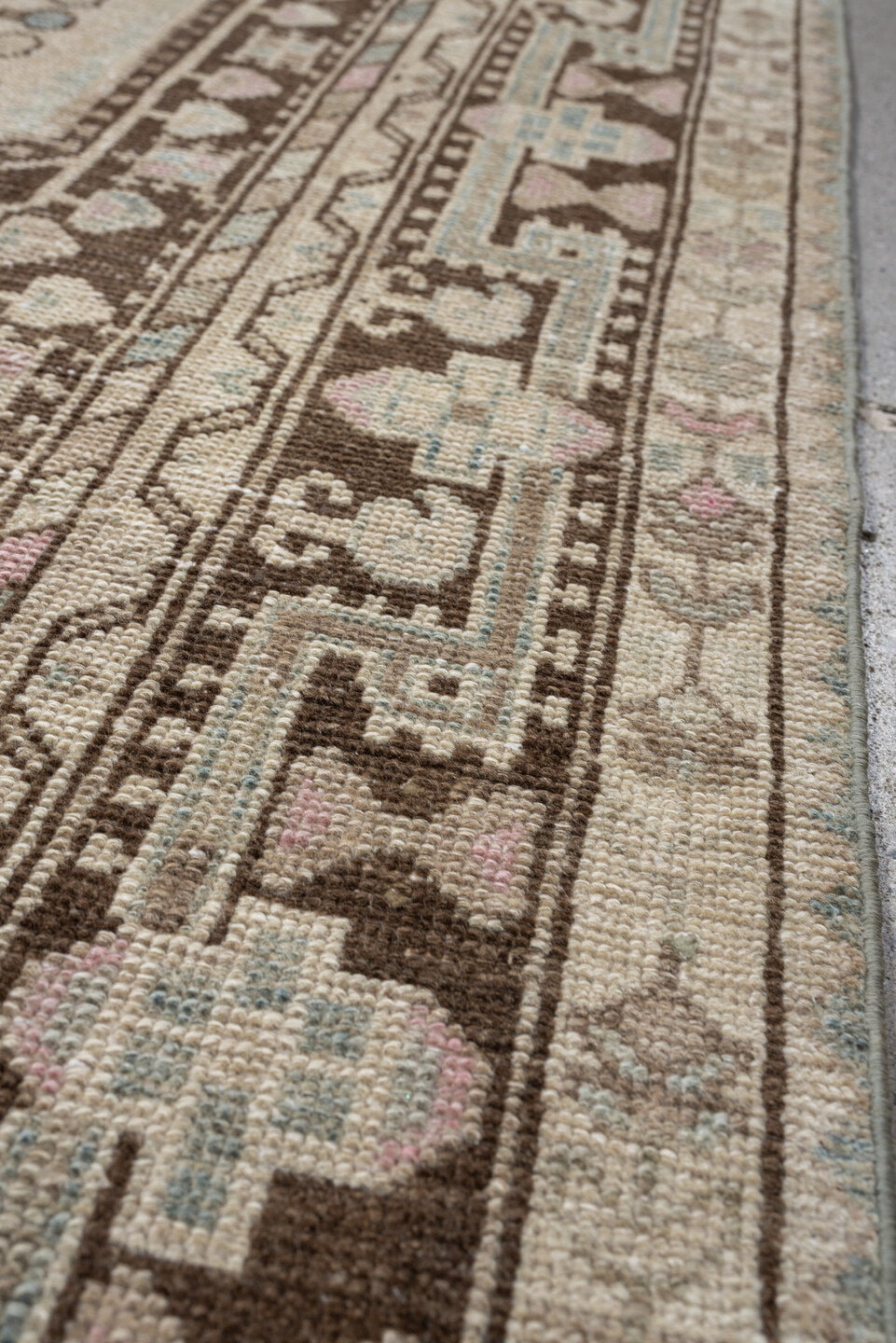 4' x 8' one-of-a-kind handmade vintage Hamadan rug. Color palette: ivory, chocolate_brown, pale_blue, blush, taupe
