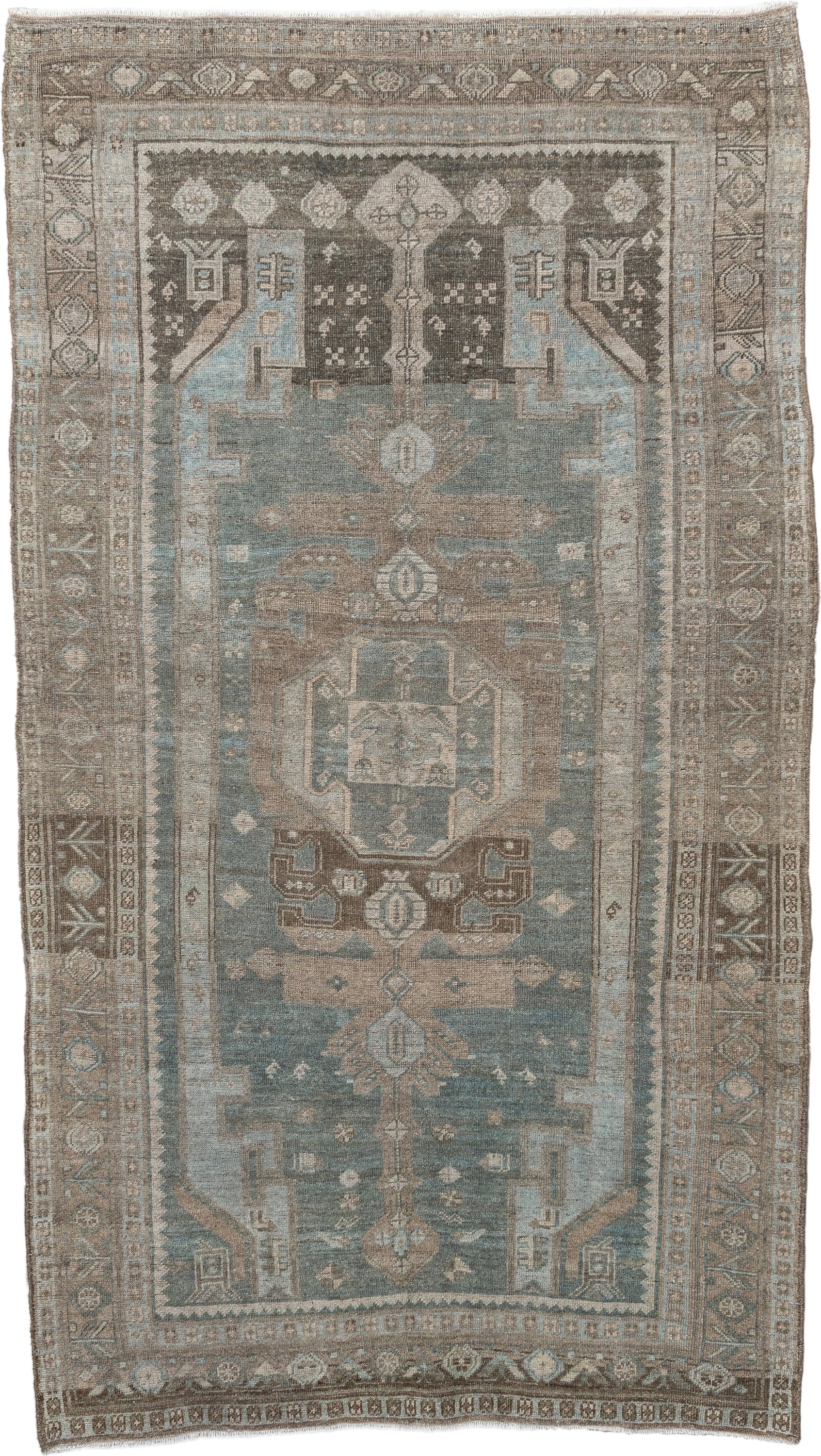 4' x 7' one-of-a-kind handmade antique Bidjar rug. Color palette: blue, taupe, brown, ivory, camel, slate, beige, gray