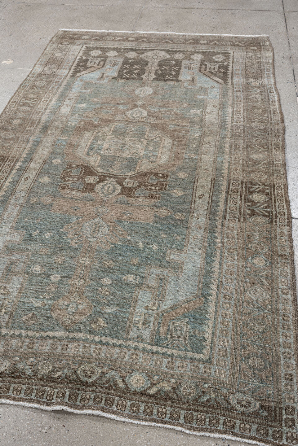 4' x 7' one-of-a-kind handmade antique Bidjar rug. Color palette: blue, taupe, brown, ivory, camel, slate, beige, gray