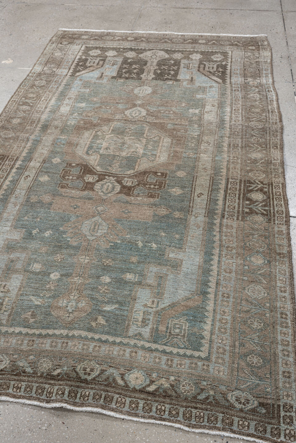 4' x 7' one-of-a-kind handmade antique Bidjar rug. Color palette: blue, taupe, brown, ivory, camel, slate, beige, gray