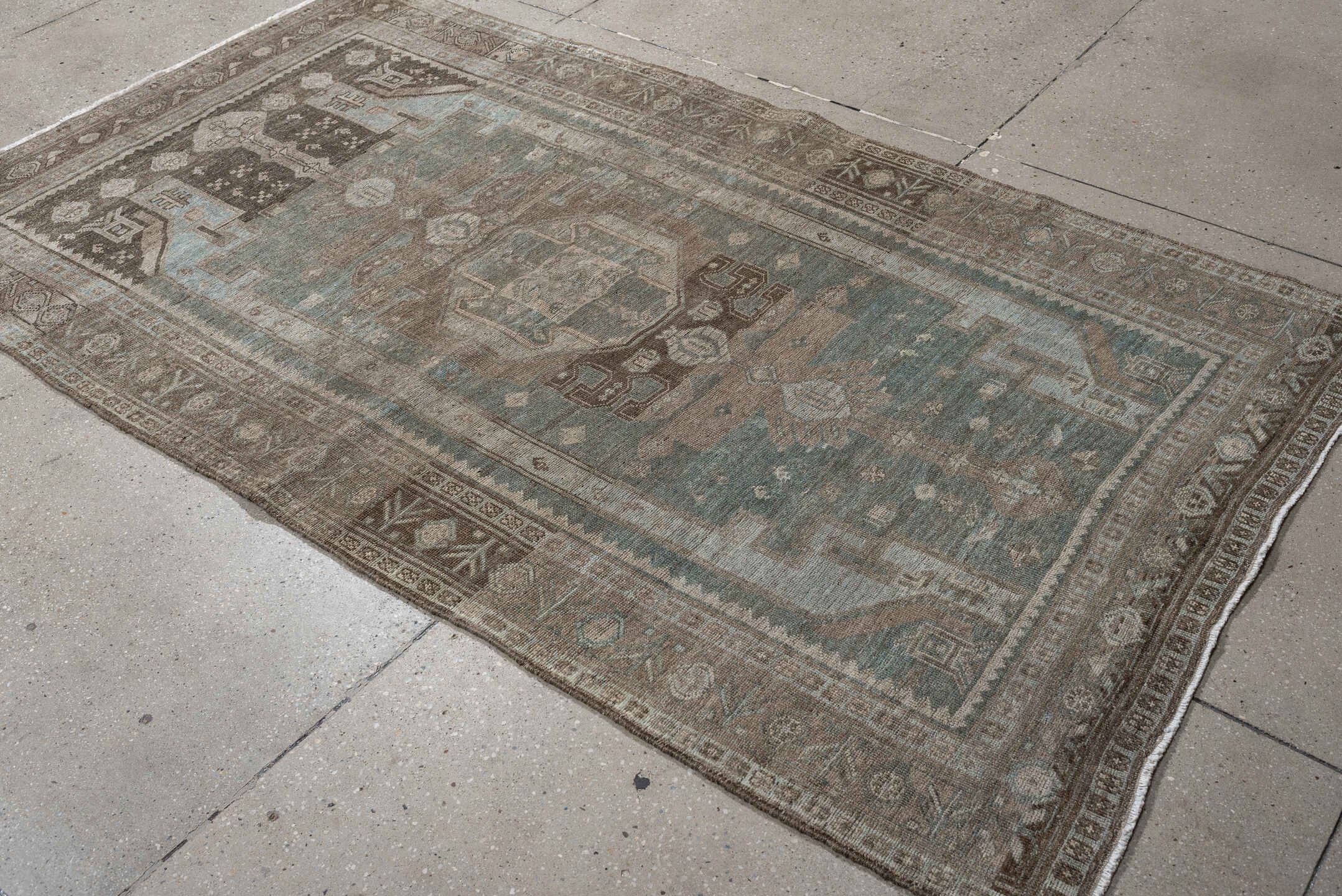 4' x 7' one-of-a-kind handmade antique Bidjar rug. Color palette: blue, taupe, brown, ivory, camel, slate, beige, gray