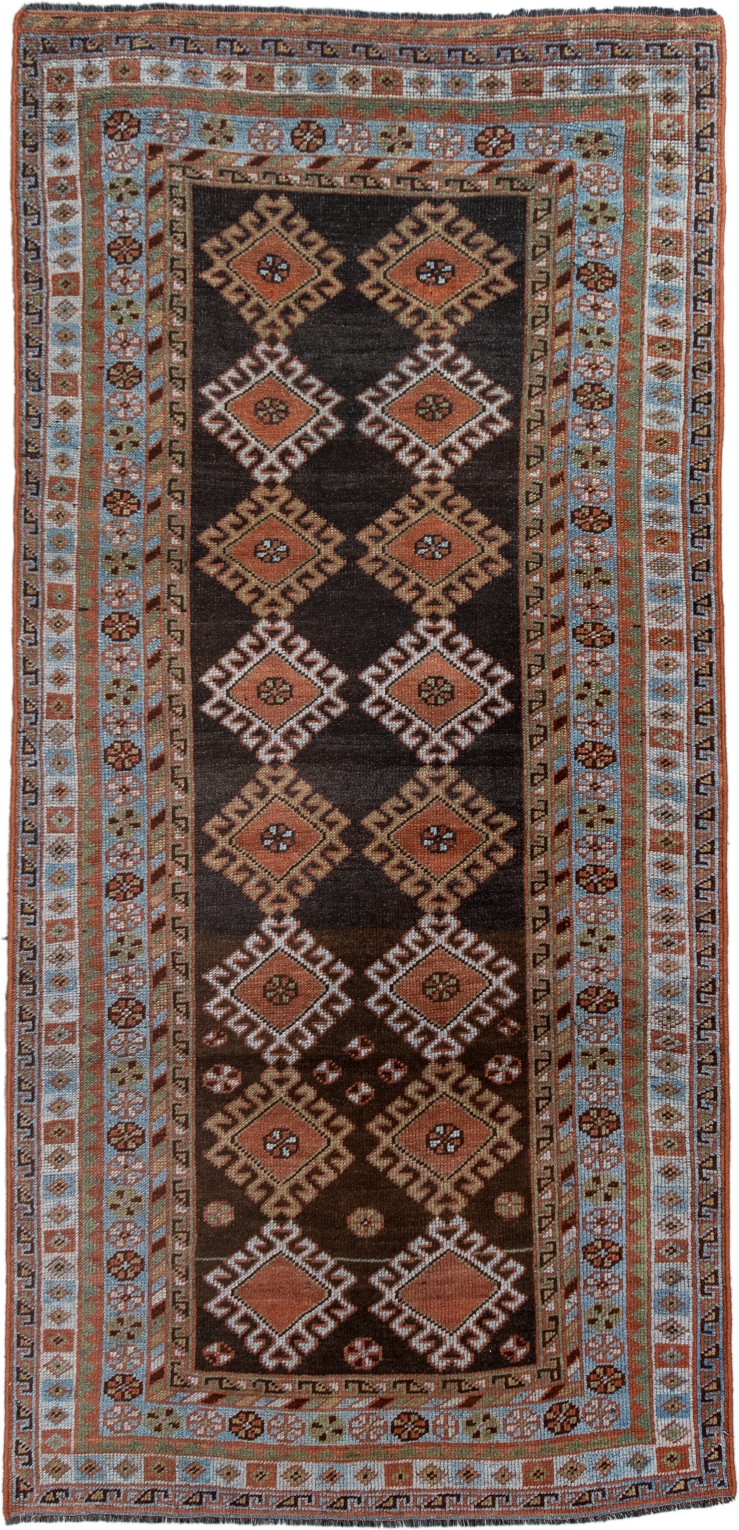 3' x 7' one-of-a-kind handmade antique Gabbe runner rug. Color palette: brown, camel, ivory, sky_blue, rust, terra_cotta