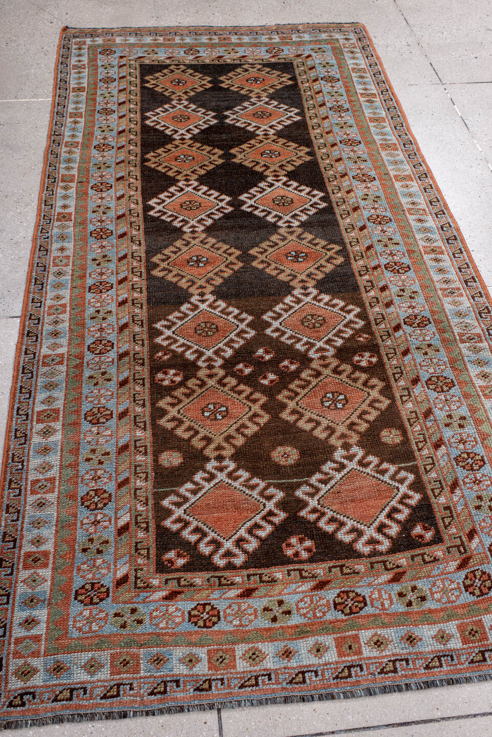 3' x 7' one-of-a-kind handmade vintage Gabbe runner rug. Color palette: black, blue, brown, dark gray, gray, light gray