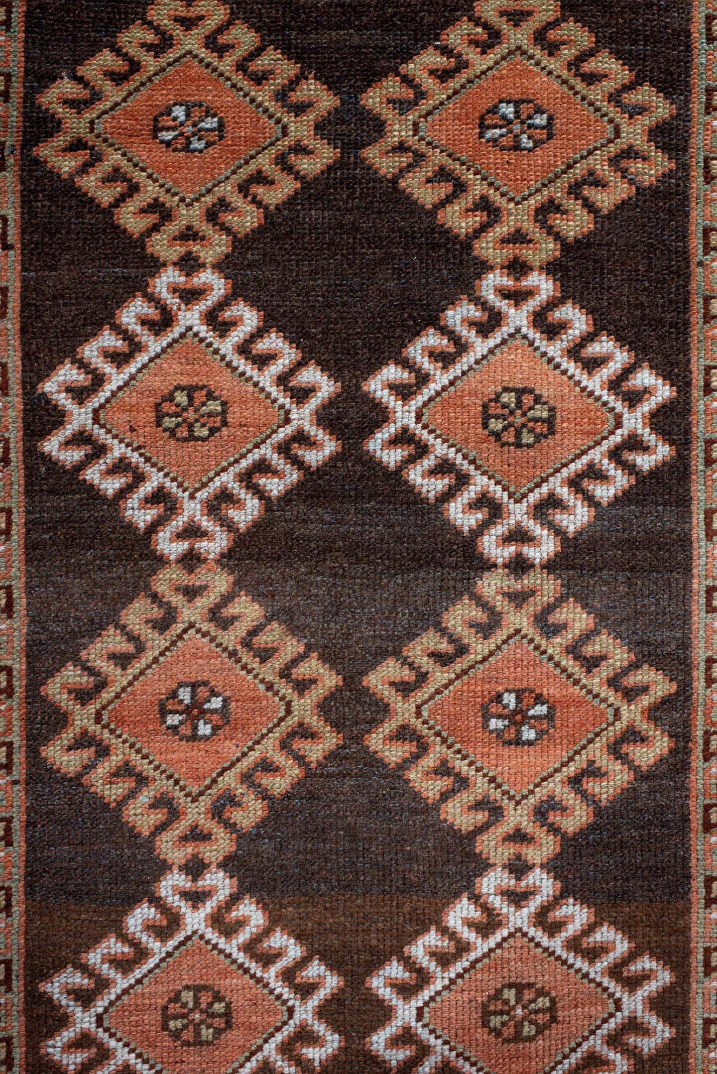 3' x 7' one-of-a-kind handmade antique Gabbe runner rug. Color palette: brown, camel, ivory, sky_blue, rust, terra_cotta