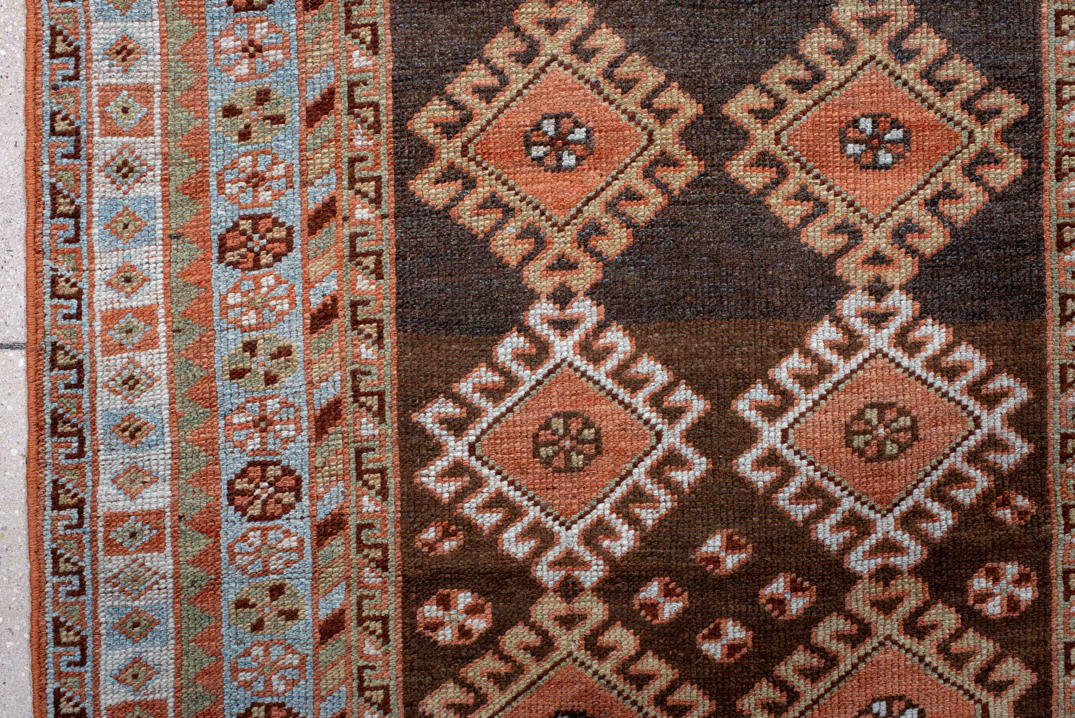 3' x 7' one-of-a-kind handmade vintage Gabbe runner rug. Color palette: black, blue, brown, dark gray, gray, light gray