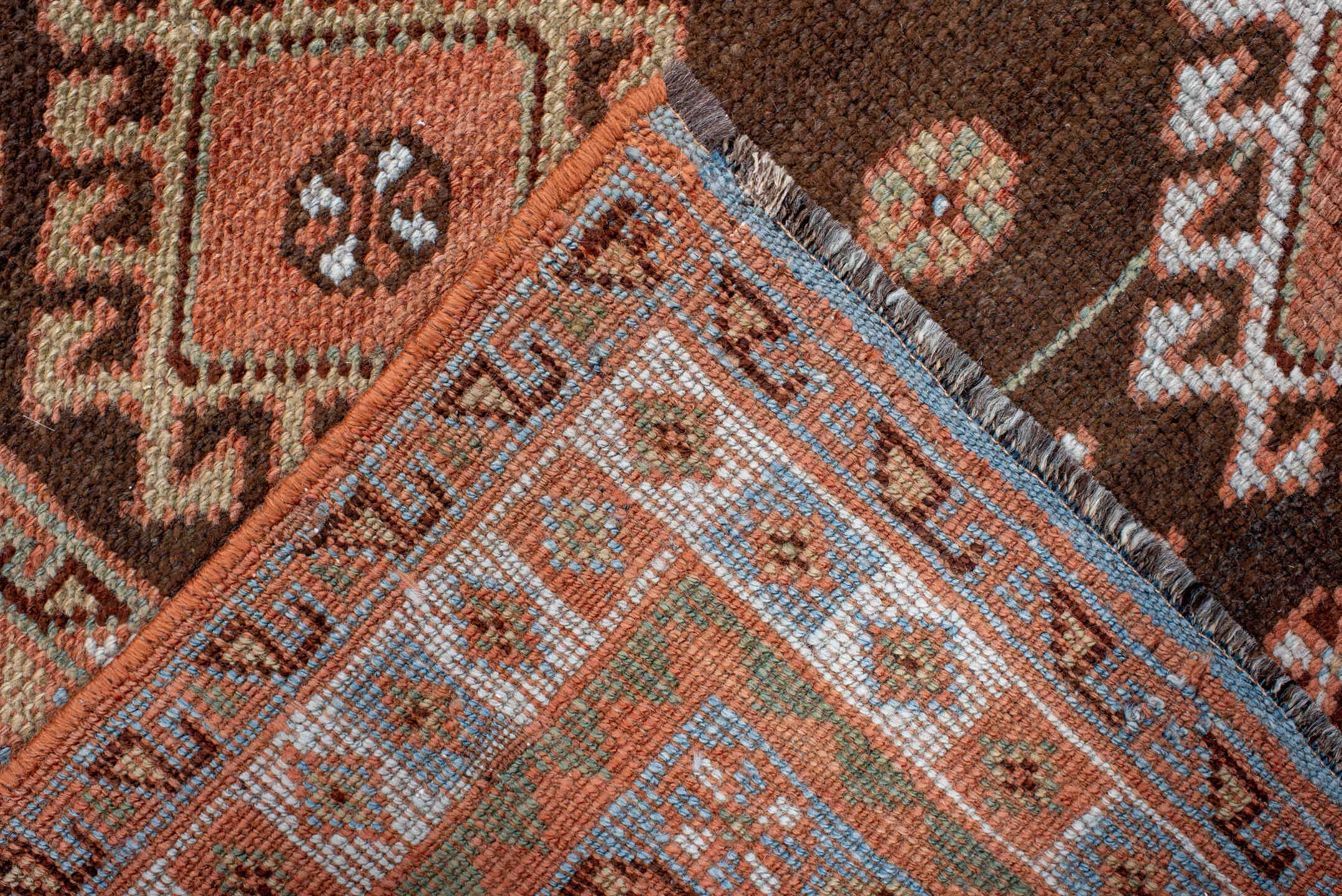 3' x 7' one-of-a-kind handmade antique Gabbe runner rug. Color palette: brown, camel, ivory, sky_blue, rust, terra_cotta