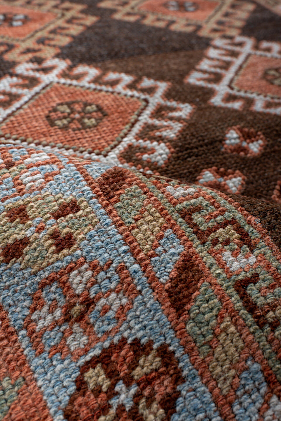 3' x 7' one-of-a-kind handmade antique Gabbe runner rug. Color palette: brown, camel, ivory, sky_blue, rust, terra_cotta