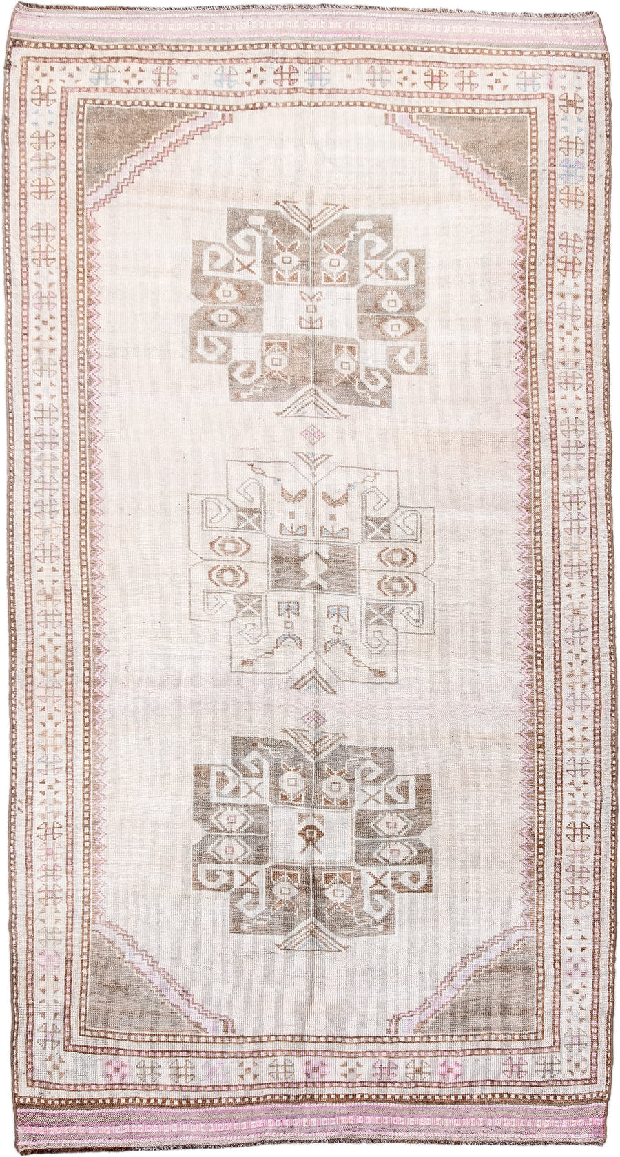 4' x 7' one-of-a-kind handmade antique Anatolian rug. Color palette: ivory, taupe, blush, camel, rose, brown, beige, gray
