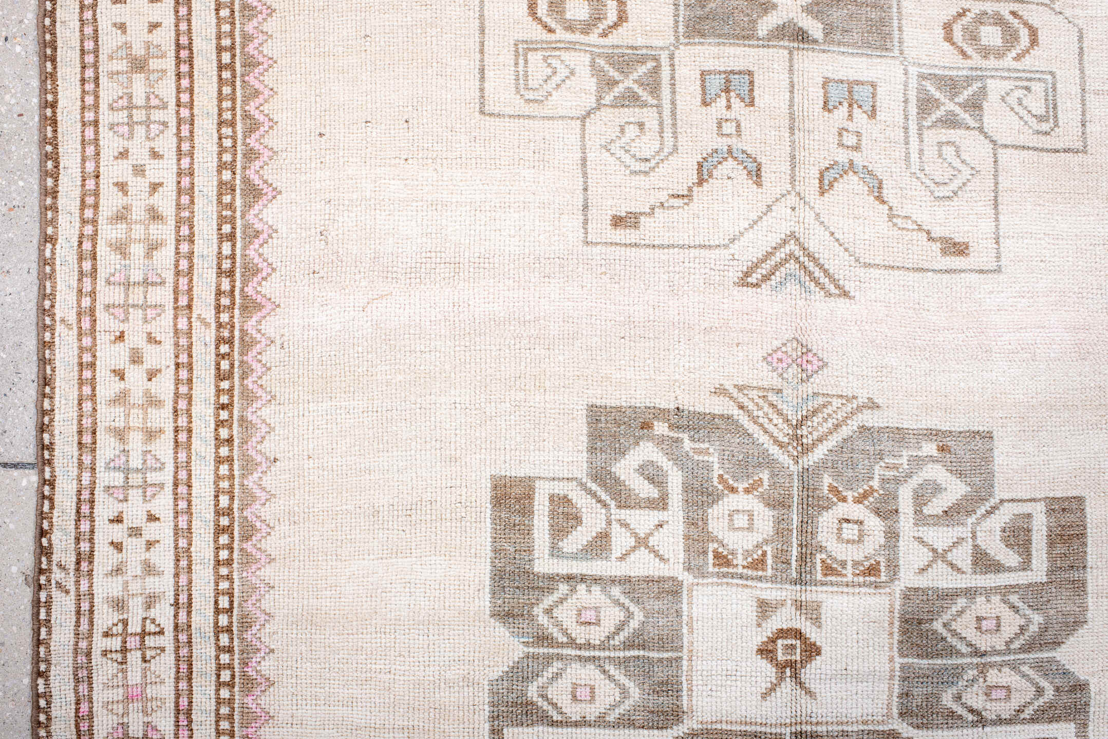 4' x 7' one-of-a-kind handmade antique Anatolian rug. Color palette: ivory, taupe, blush, camel, rose, brown, beige, gray