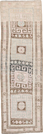 7' x 2' one-of-a-kind handmade antique NW Persian rug. Color palette: ivory, brown, sky blue, blush, taupe, light blue, pink
