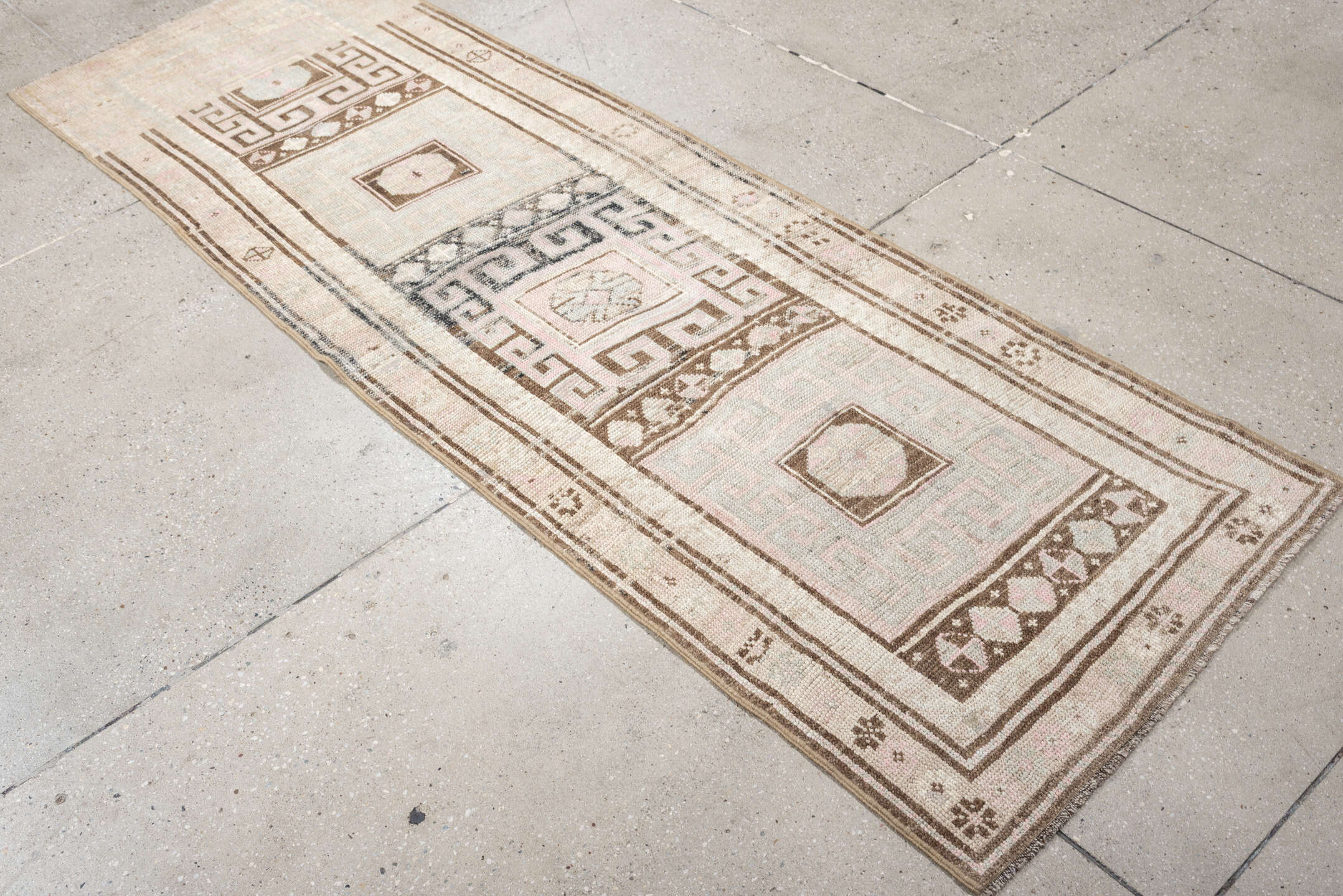 7' x 2' one-of-a-kind handmade antique NW Persian rug. Color palette: ivory, brown, sky blue, blush, taupe, light blue, pink