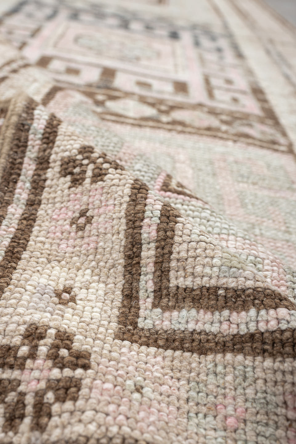 7' x 2' one-of-a-kind handmade antique NW Persian rug. Color palette: ivory, brown, sky blue, blush, taupe, light blue, pink