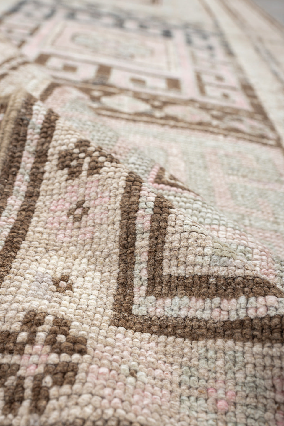 7' x 2' one-of-a-kind handmade antique NW Persian rug. Color palette: ivory, brown, sky blue, blush, taupe, light blue, pink