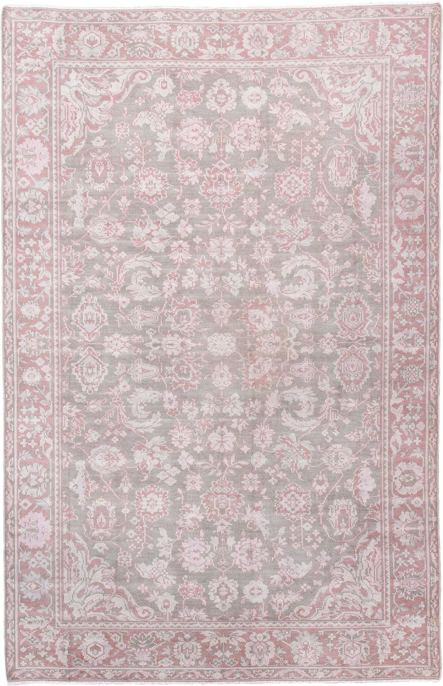 6' x 9' one-of-a-kind handmade antique Sivas medium size rug. Color palette: taupe, blush, ivory, rose, dusty pink, beige