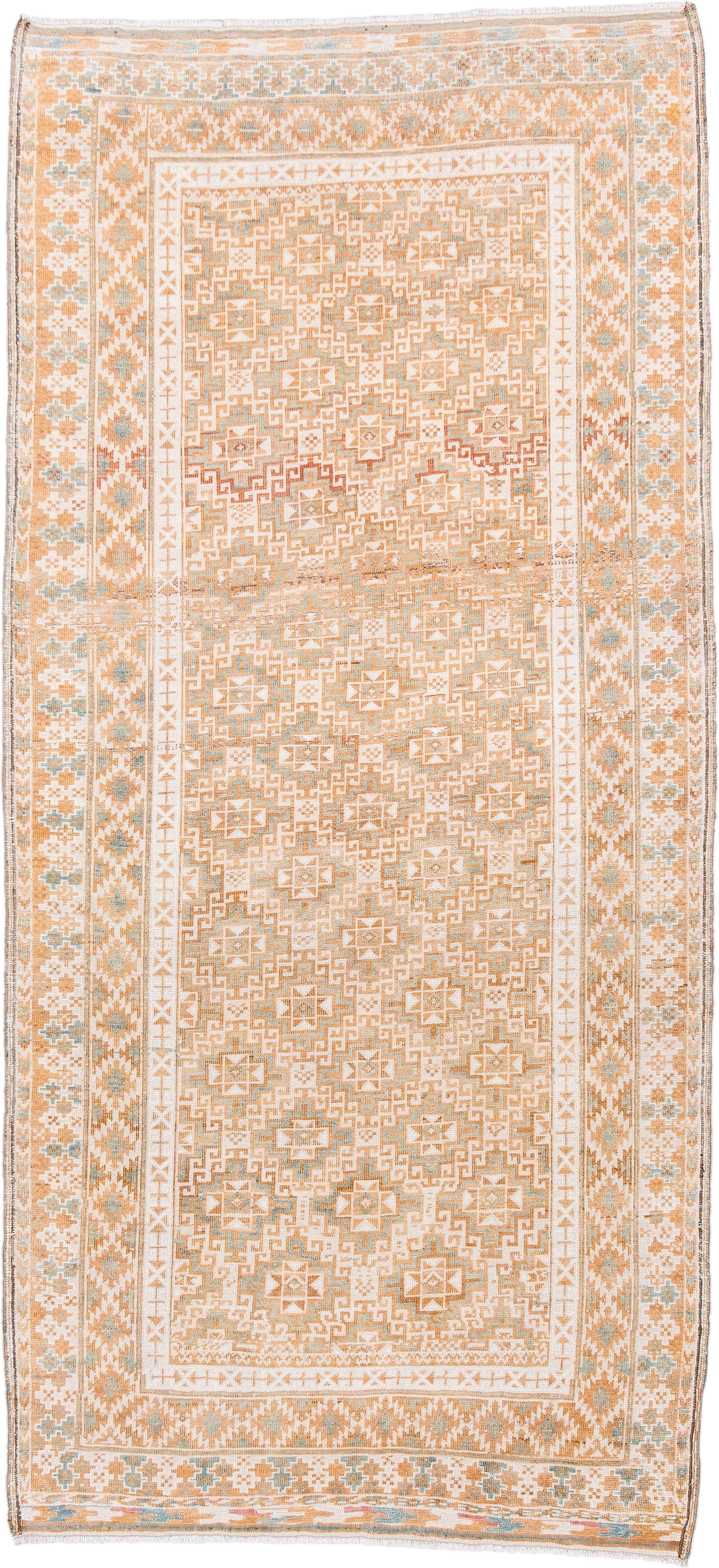 3' x 7' one-of-a-kind handmade vintage Belouch runner rug. Color palette: ivory, camel, taupe, pale blue, sand, beige, gray