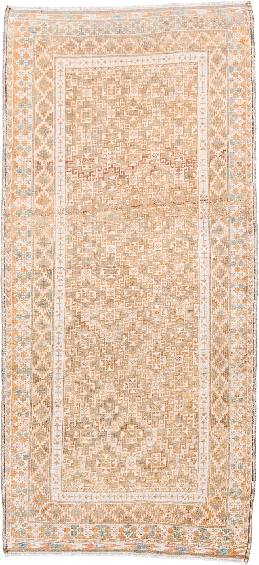 3' x 7' one-of-a-kind handmade vintage Belouch runner rug. Color palette: ivory, camel, taupe, pale blue, sand, beige, gray