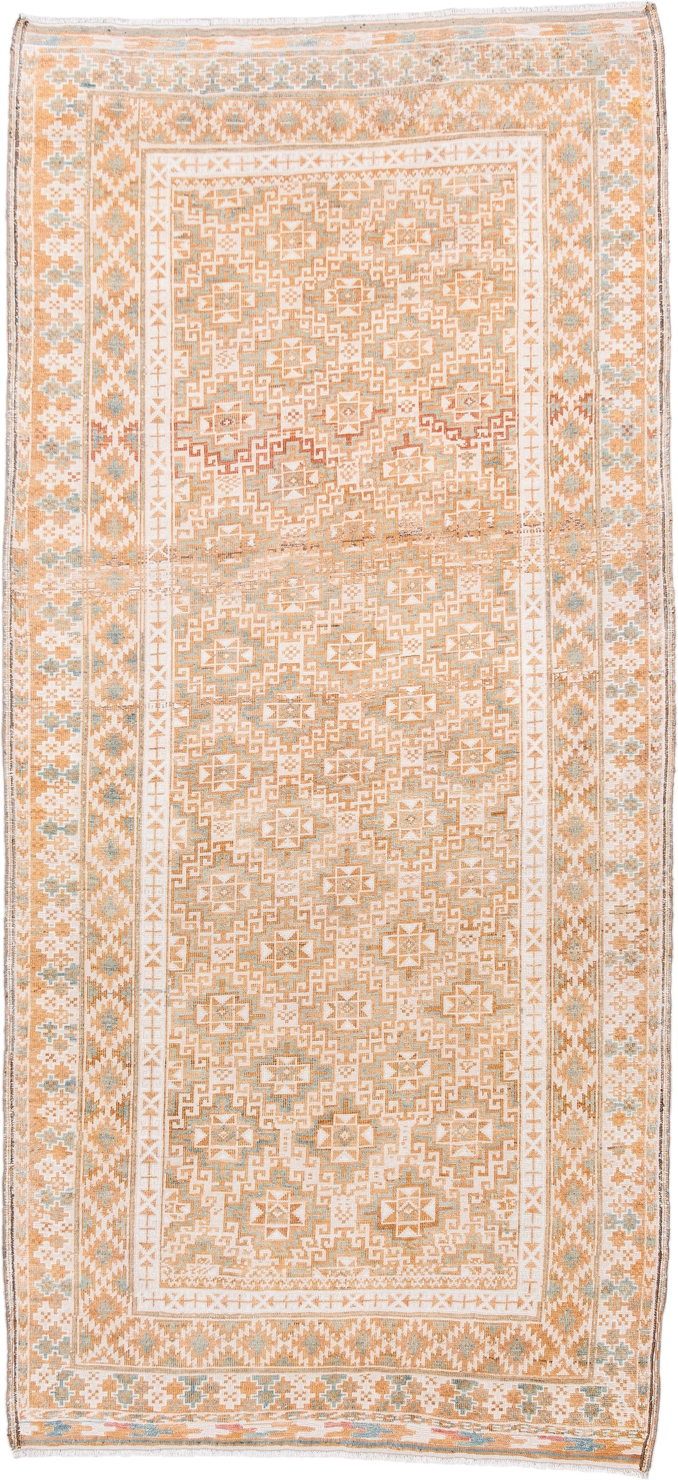 3' x 7' one-of-a-kind handmade vintage Belouch runner rug. Color palette: ivory, camel, taupe, pale blue, sand, beige, gray